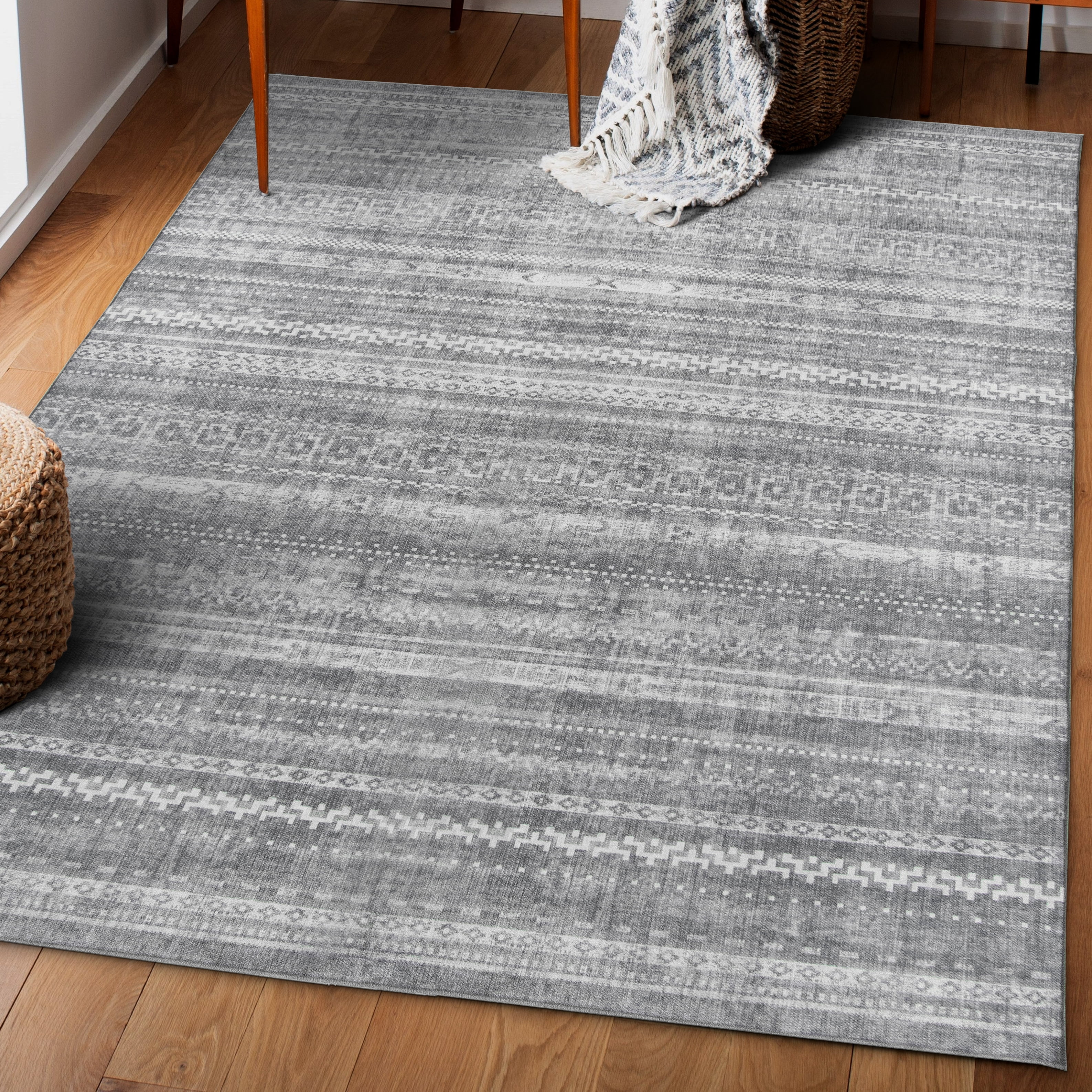 ReaLife Rugs Machine Washable Printed Moroccan Stripe Gray Eco-friendly Recycled Fiber Area Runner Rug (7'6