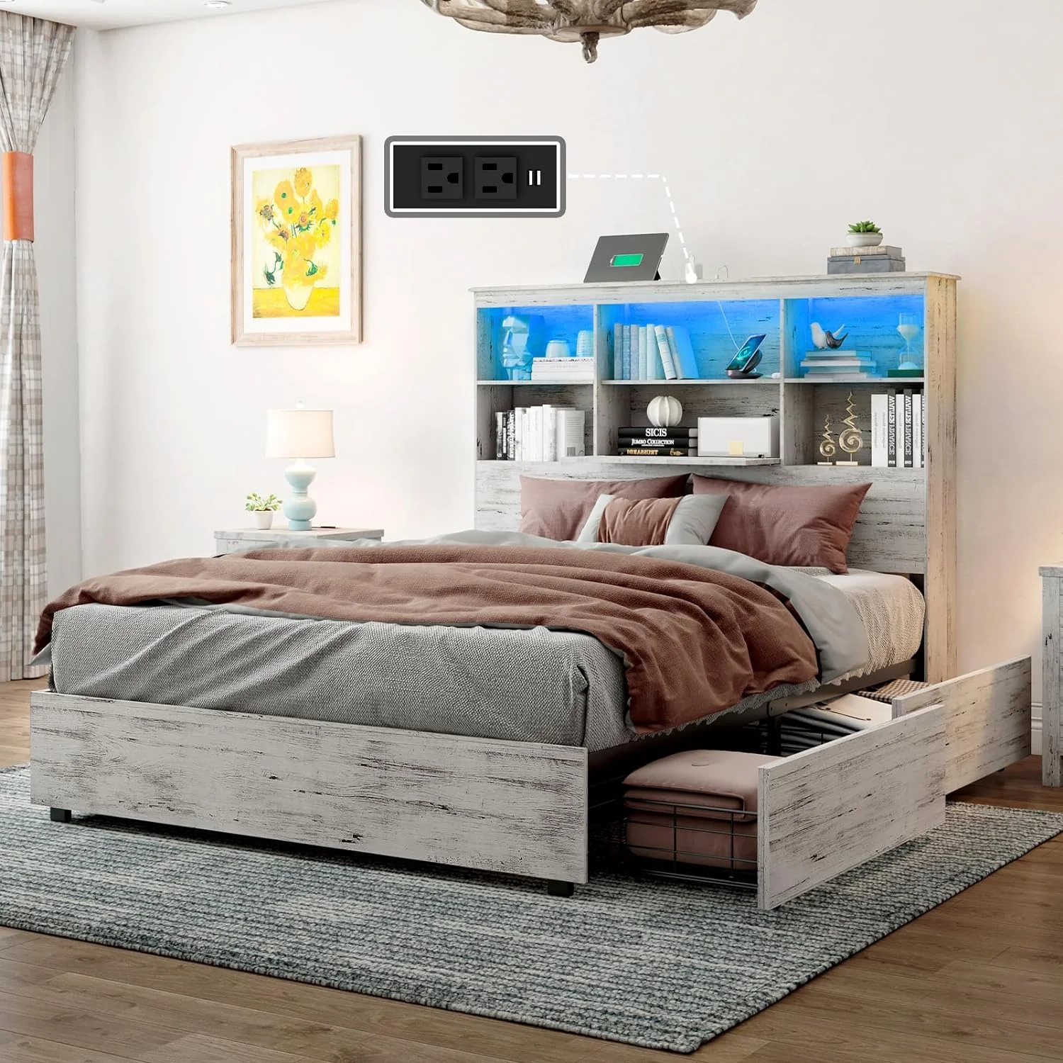 LUXOAK Queen Size Bed Frame with LED Bookcase Headboard, Wooden Storage Bed with Charging Station & 4 Drawers, White Birch