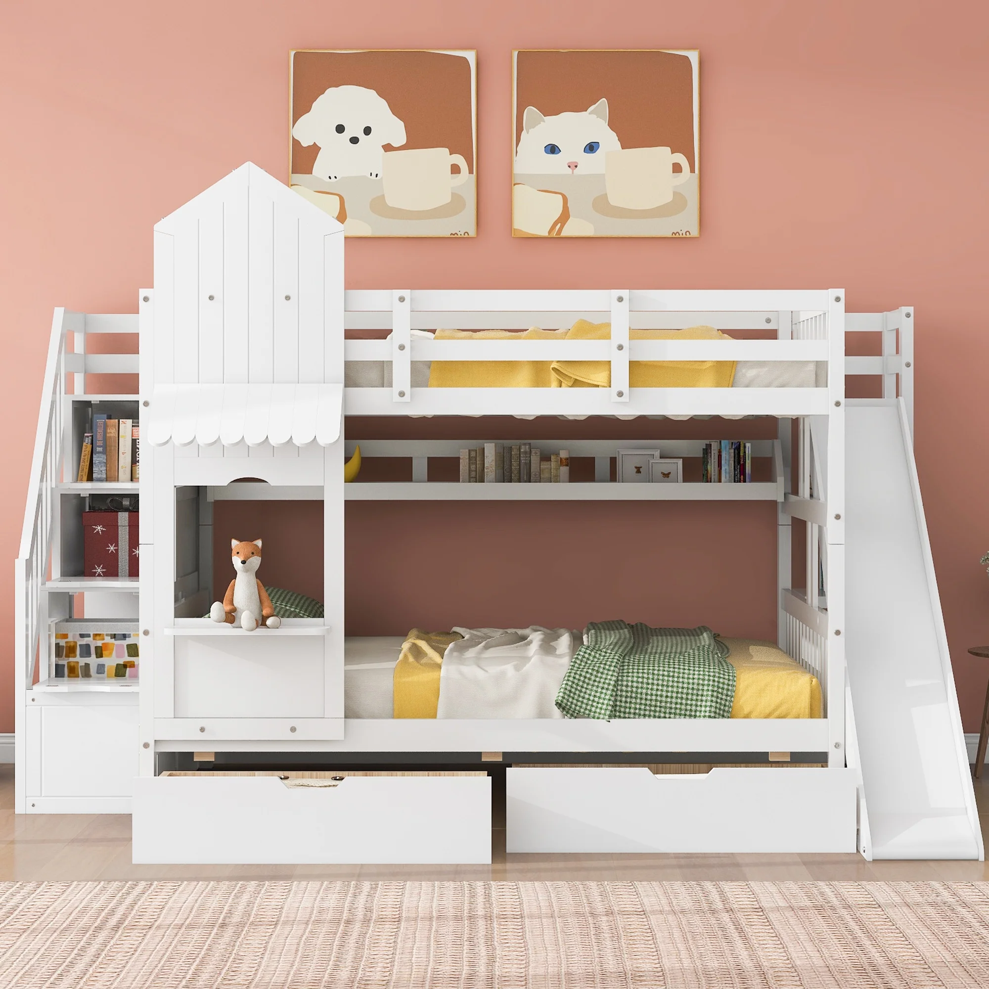 Bellemave Kids Castle Bunk Bed with Storage Drawers, Shelf, Slide and Safety Guardrail, Full Over Full Bunk Bed with Stairs, Castle Bunk Bed/Playhouse Bed for Girls, Boys, Kids (White)