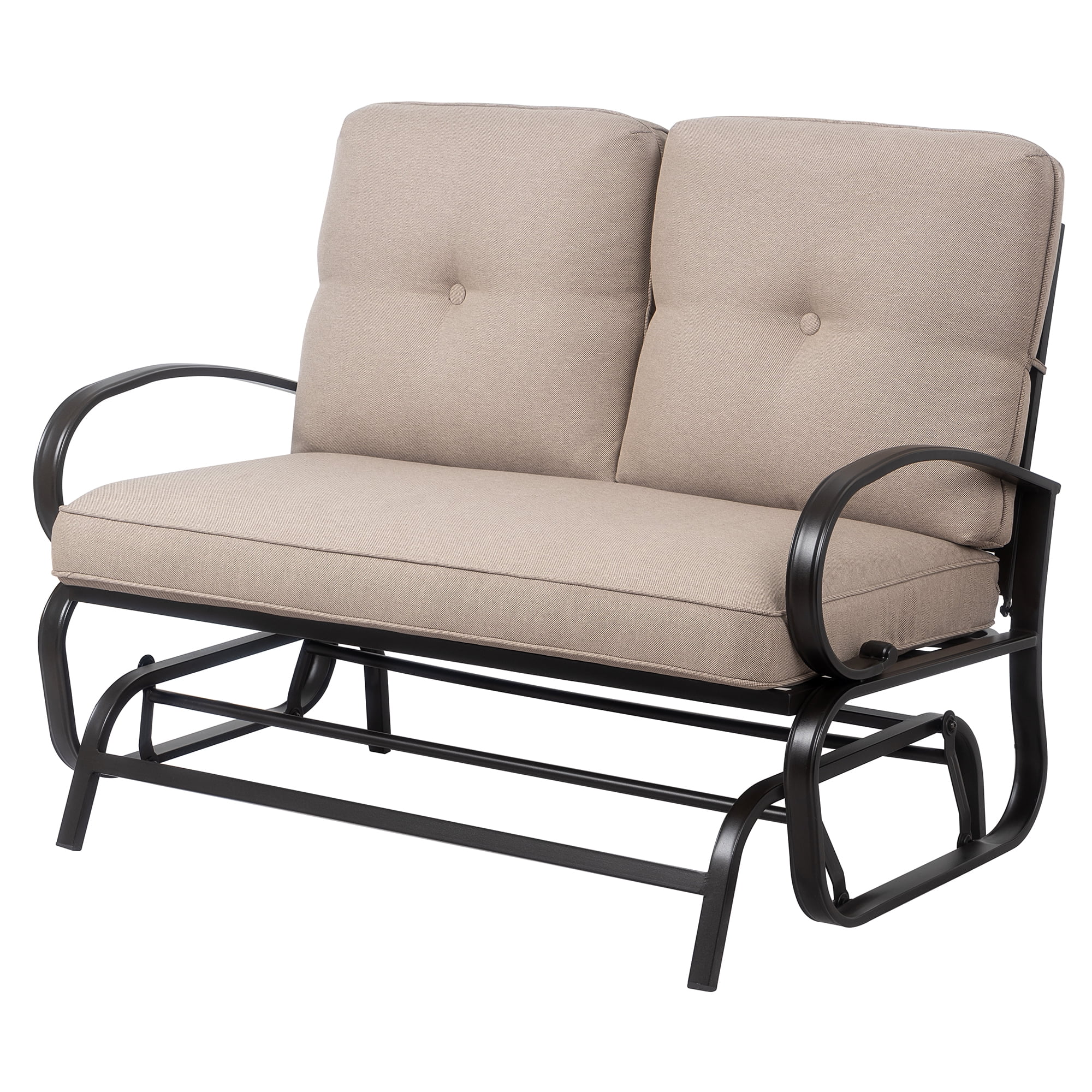 Outdoor Patio Metal Swing Glider Rocking Bench,Garden Loveseat Porch Furniture Glider, Steel Frame Chair Set with Cushion khaki