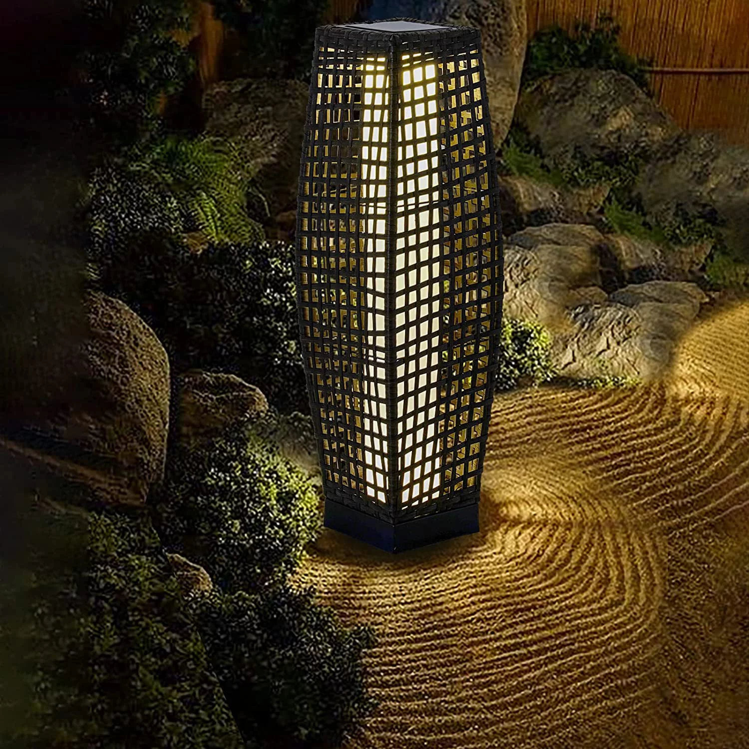 Grand Patio Outdoor Solar Powered Resin Wicker Floor Lamp, Outdoor Weather-Resistant Deck LED Light, For Garden or Porch -Large Fuji, Silver Gray