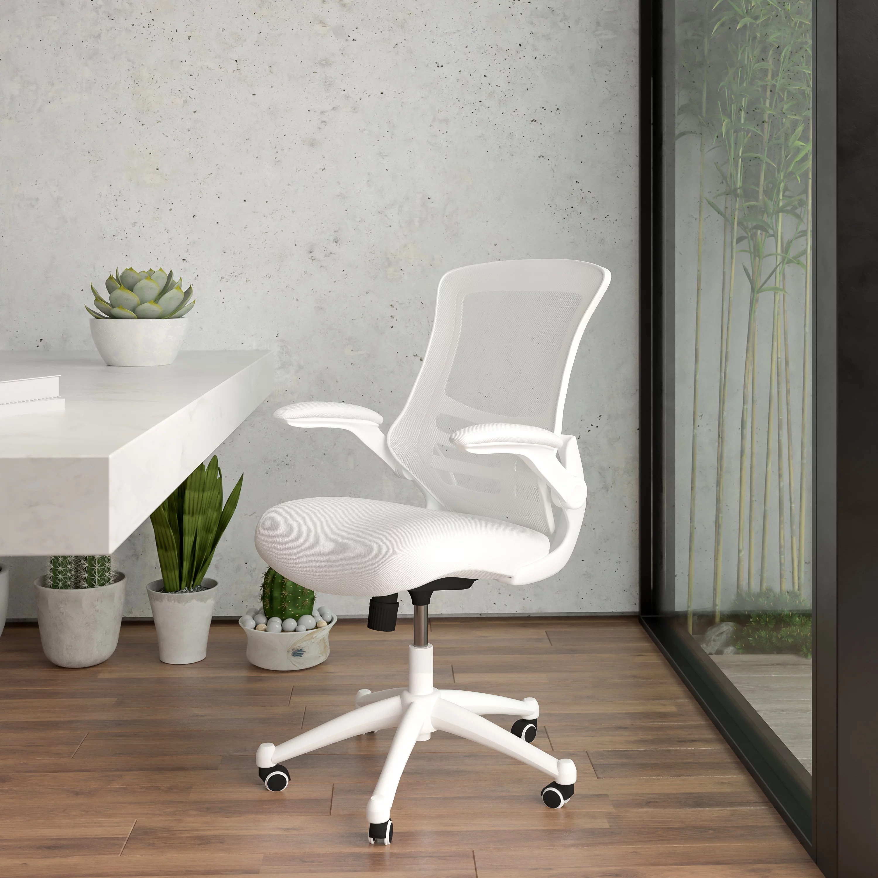 BizChair Mid-Back White Mesh Swivel Ergonomic Task Office Chair with White Frame and Flip-Up Arms