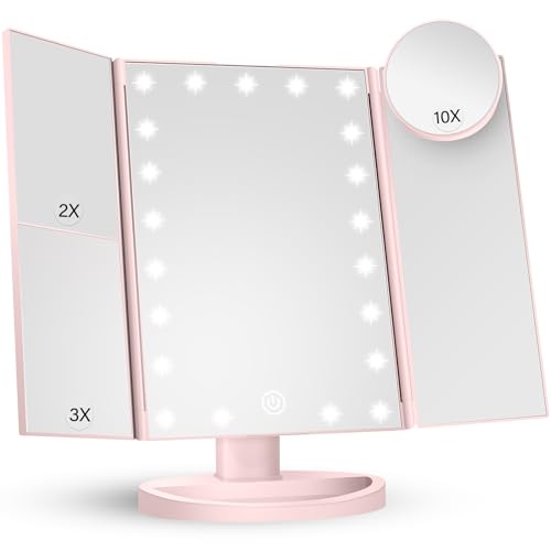 Makeup Mirror Vanity Mirror with Lights, 2X 3X 10X Magnification, Lighted Makeup Mirror, Touch Control, Trifold Makeup Mirror, Dual Power Supply, Portable LED Makeup Mirror, Women Gift (White)