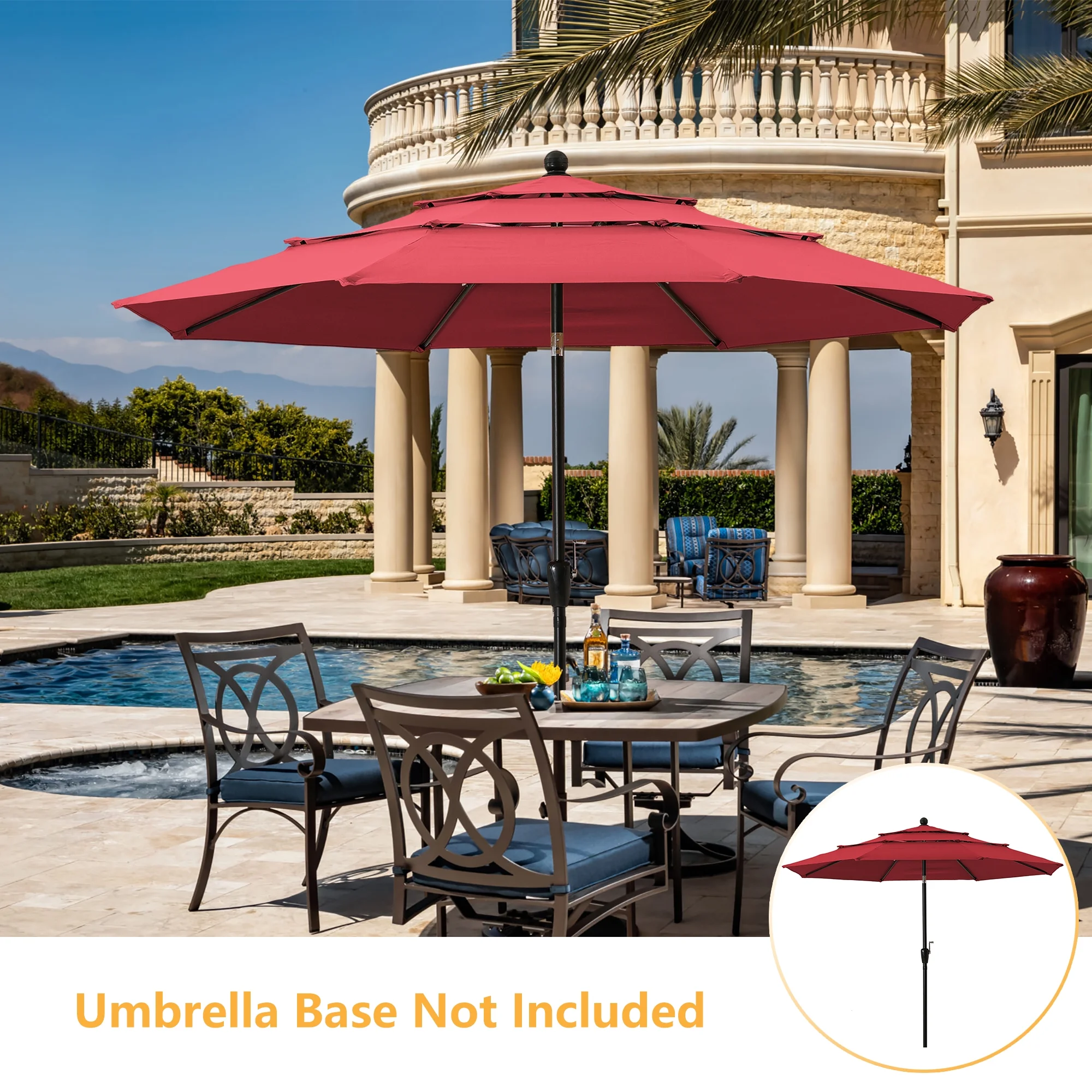 10 Ft 3 Tier Patio Umbrella, Outdoor Umbrella Double Vented, Market Table Tilt Umbrella with Crank, Outdoor Aluminum Umbrella for Market