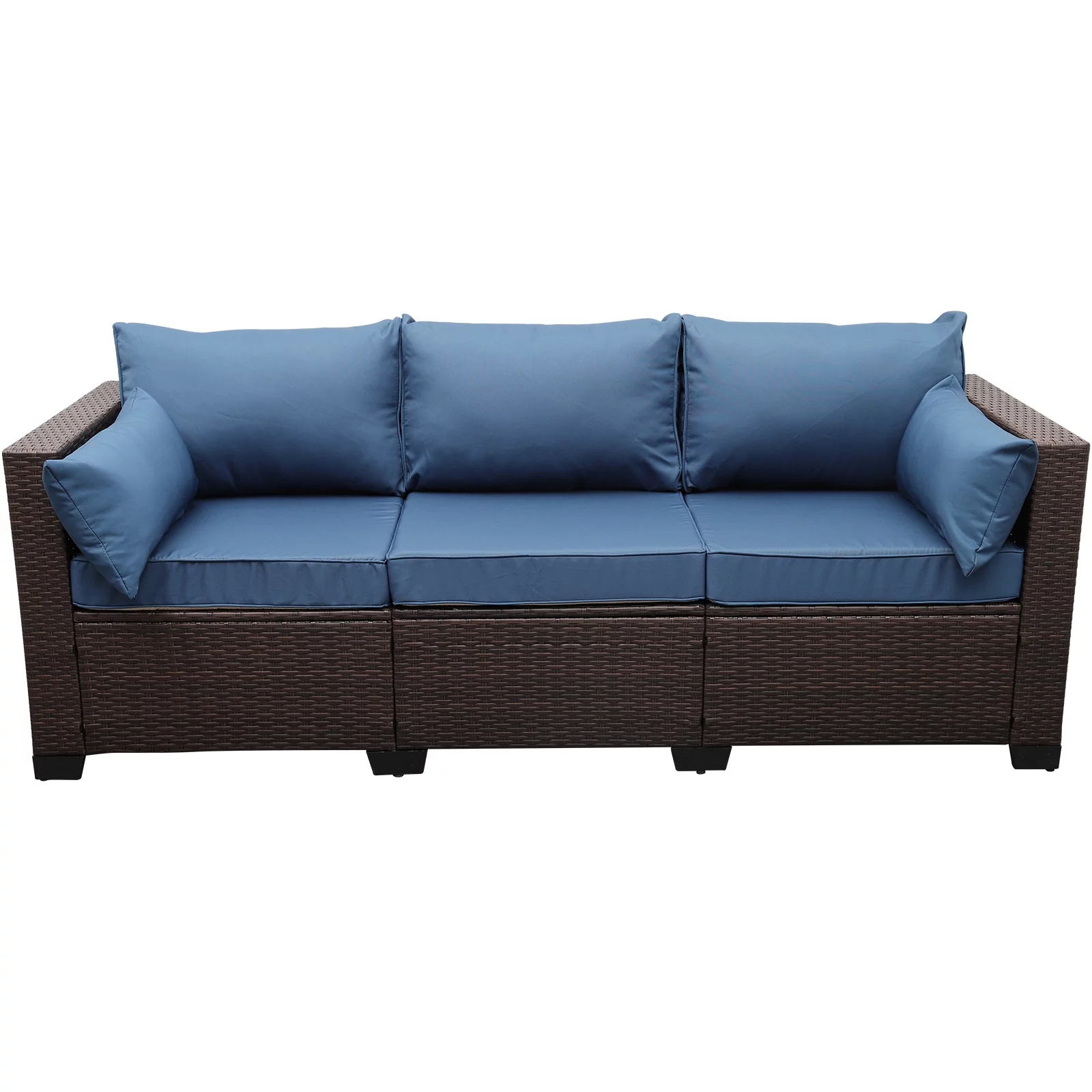 3-Seat Patio Wicker Sofa Outdoor Rattan Couch Furniture Steel Frame with High Back NO-Slip Cushioned, Blue
