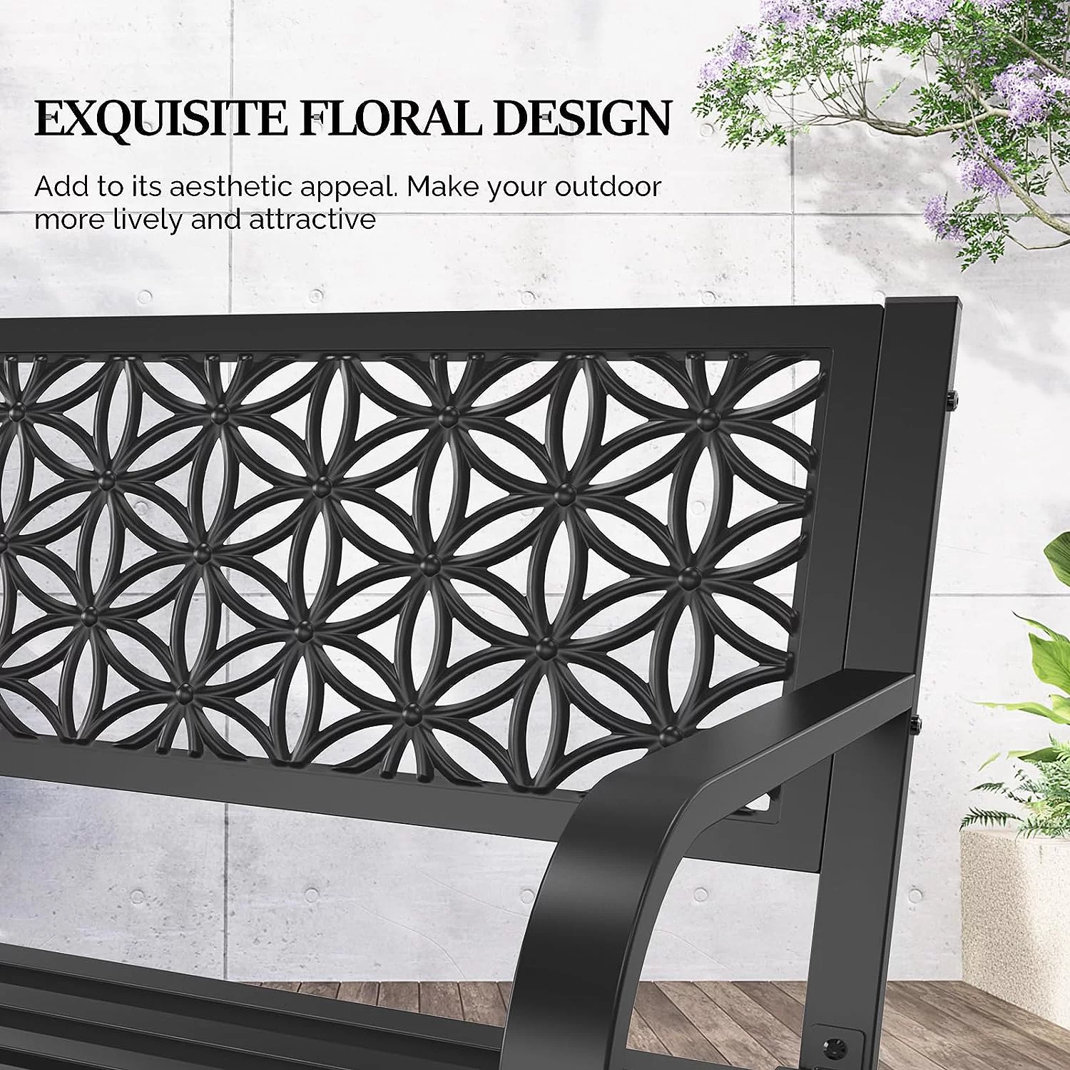 VINGLI 2-3 People Outdoor Bench Metal Waterproof Frame with Beautiful Floral Back, Comfortable Loveseat for Garden Porch Yard Patio Entryway Park Outside, Yellow