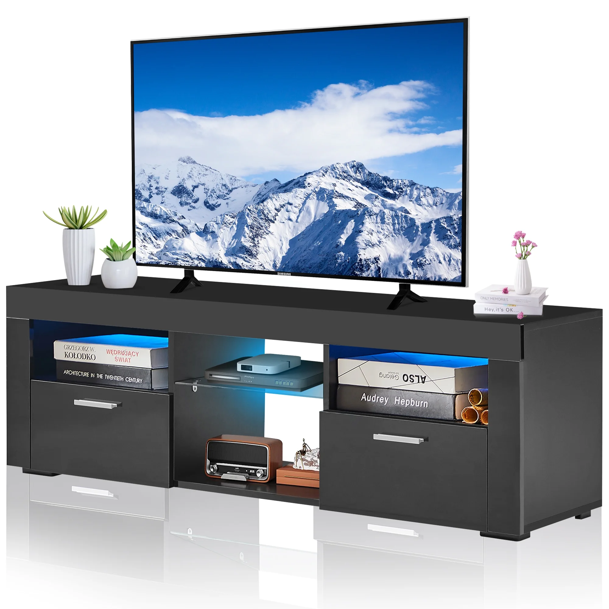 TV Stand for 55 60 inch TV, Seizeen High Glossy Media TV Cabinet with 16-Color RGB LED Lights, Entertainment Center TV Console 4 Open Storage Shelves & 2 Shelves w/Door, Black