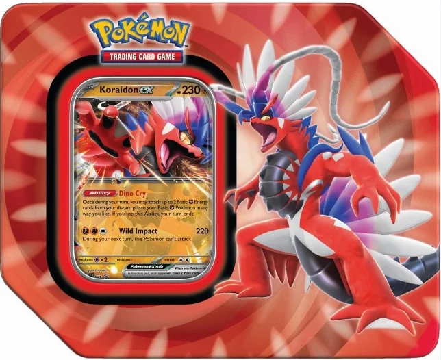 Pokemon Paldea Legends Koraidon ex Tin (5 Booster Packs,1 Promo Foil Card & More)