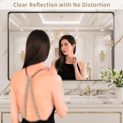 LOAAO Black Metal Framed Bathroom Mirror for Wall, 22X30 Inch Rounded Rectangle Mirror, Matte Black Bathroom Vanity Mirror Farmhouse, Anti-Rust, Tempered Glass, Hangs Horizontally or Vertically