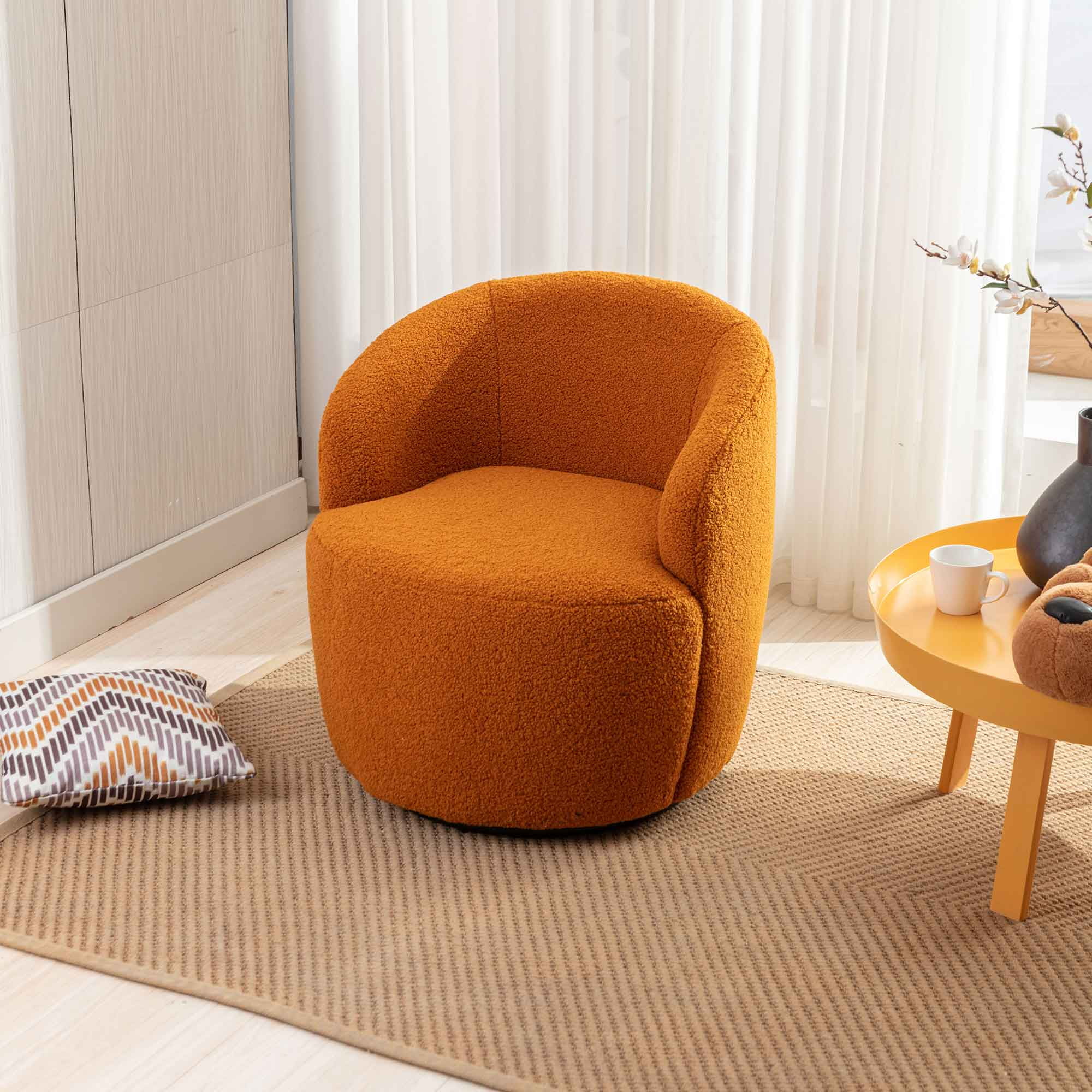 Ucloveria Swivel Barrel Chair, Swivel Chairs for Living Room, Accent Round 360° Swivel Club Chairs, Upholstered Teddy Modern Arm Chairs(Caramel)