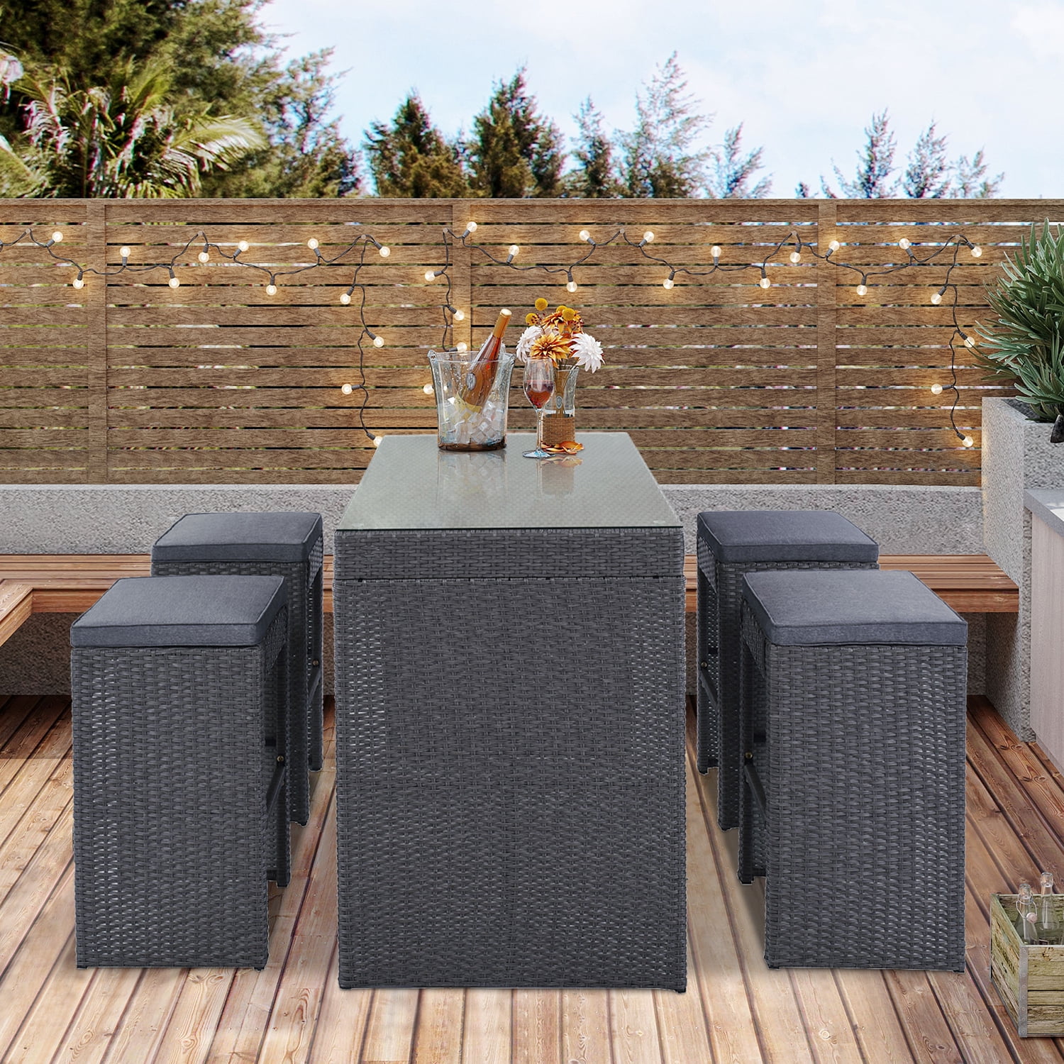 SYNGAR 5 Pieces Outdoor Patio Dining Table Set, All-Weather Wicker Dining Set Furniture, Sectional Conversation Rattan Dining Set for Patio, Backyard, Balcony, Garden, Black