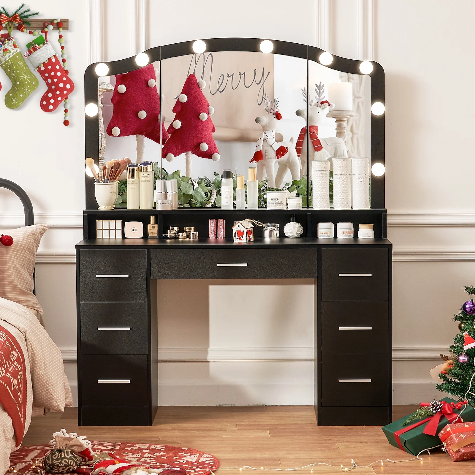 USIKEY Vanity Desk with Large Lighted Mirror, 43.3