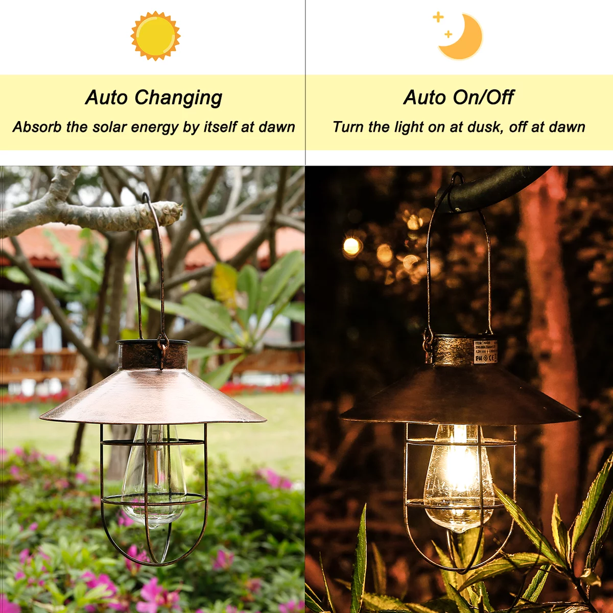 Vintage Metal Hanging Solar Lantern Waterproof with Edison Bulb, Warm White