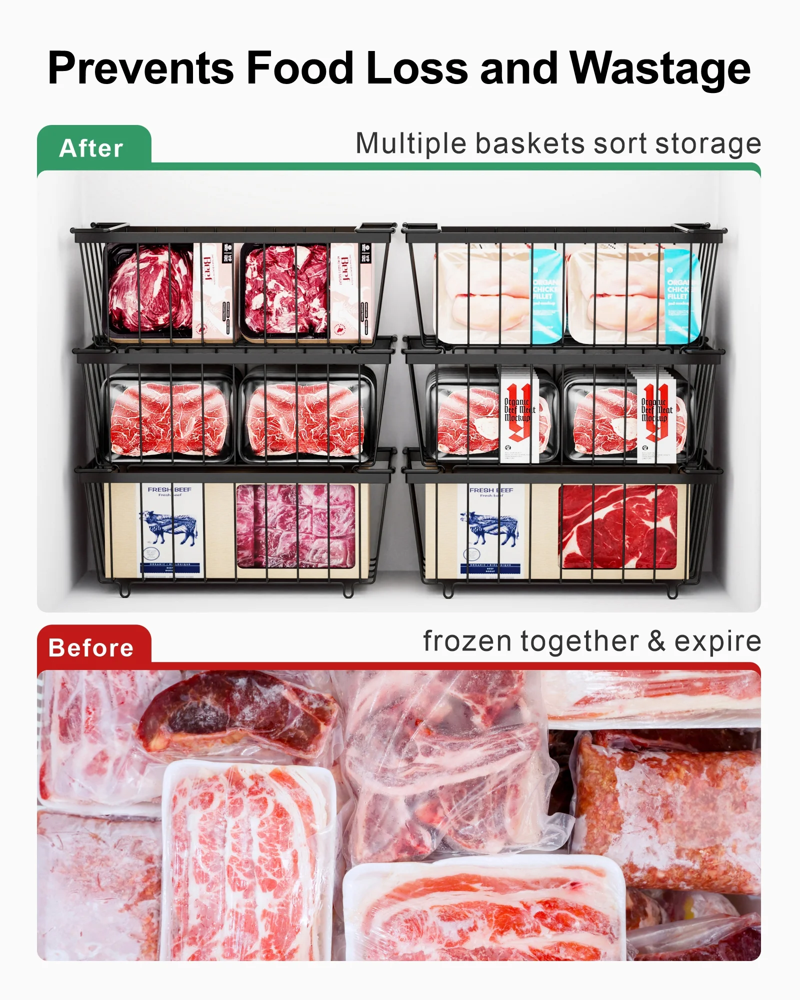 iSPECLE Chest Freezer Baskets - 5 Pack Wire Storage Baskets for 7 Cu.FT Deep Freezer Stackable Freezer Organizer Bins with Fold-down Handles Easy to Remove, Black