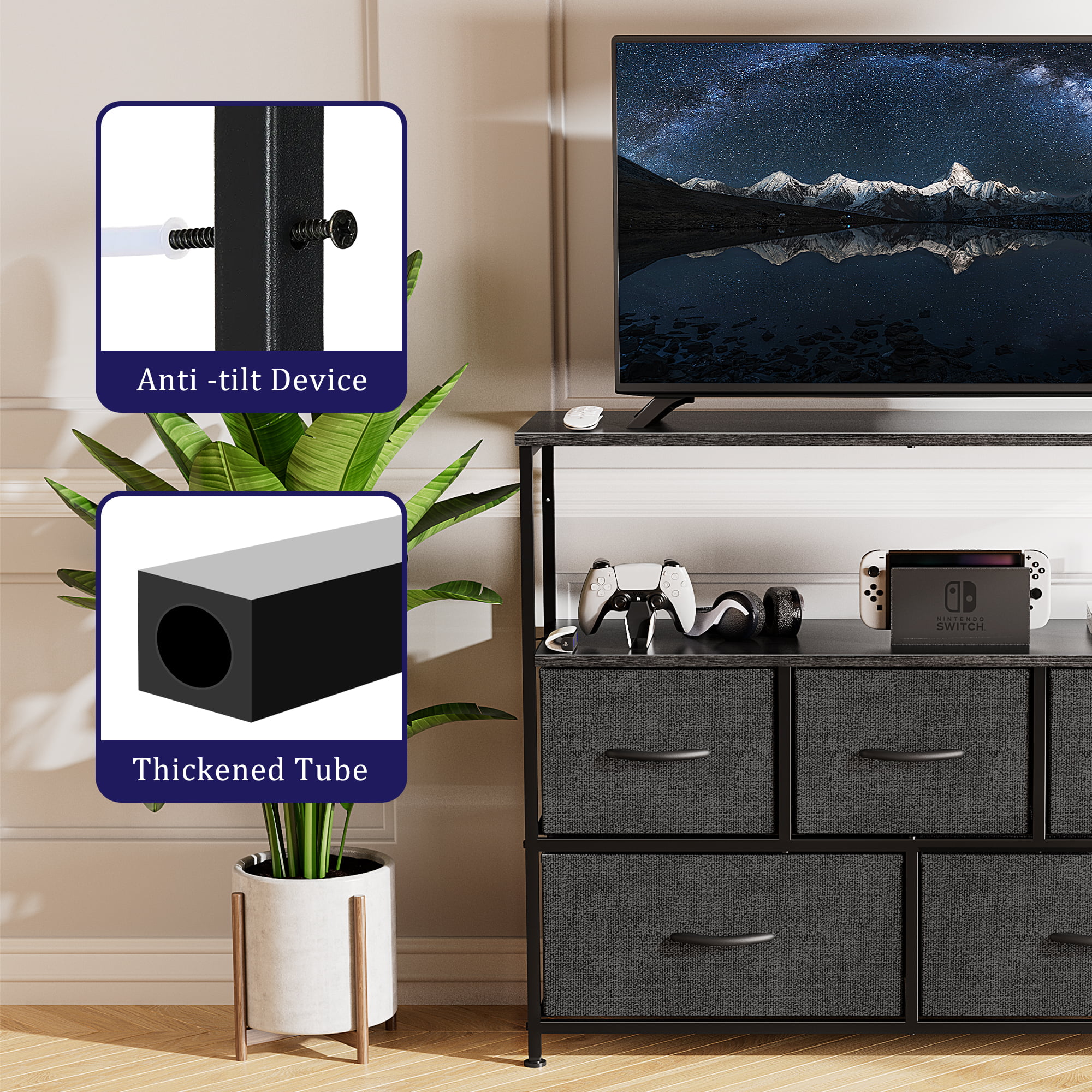 EDX Dresser TV Stand, Entertainment Center with Fabric Drawers, Media Console Table with Open Shelves for TV up to 45 inch for Bedroom, Living Room, Entryway, Black