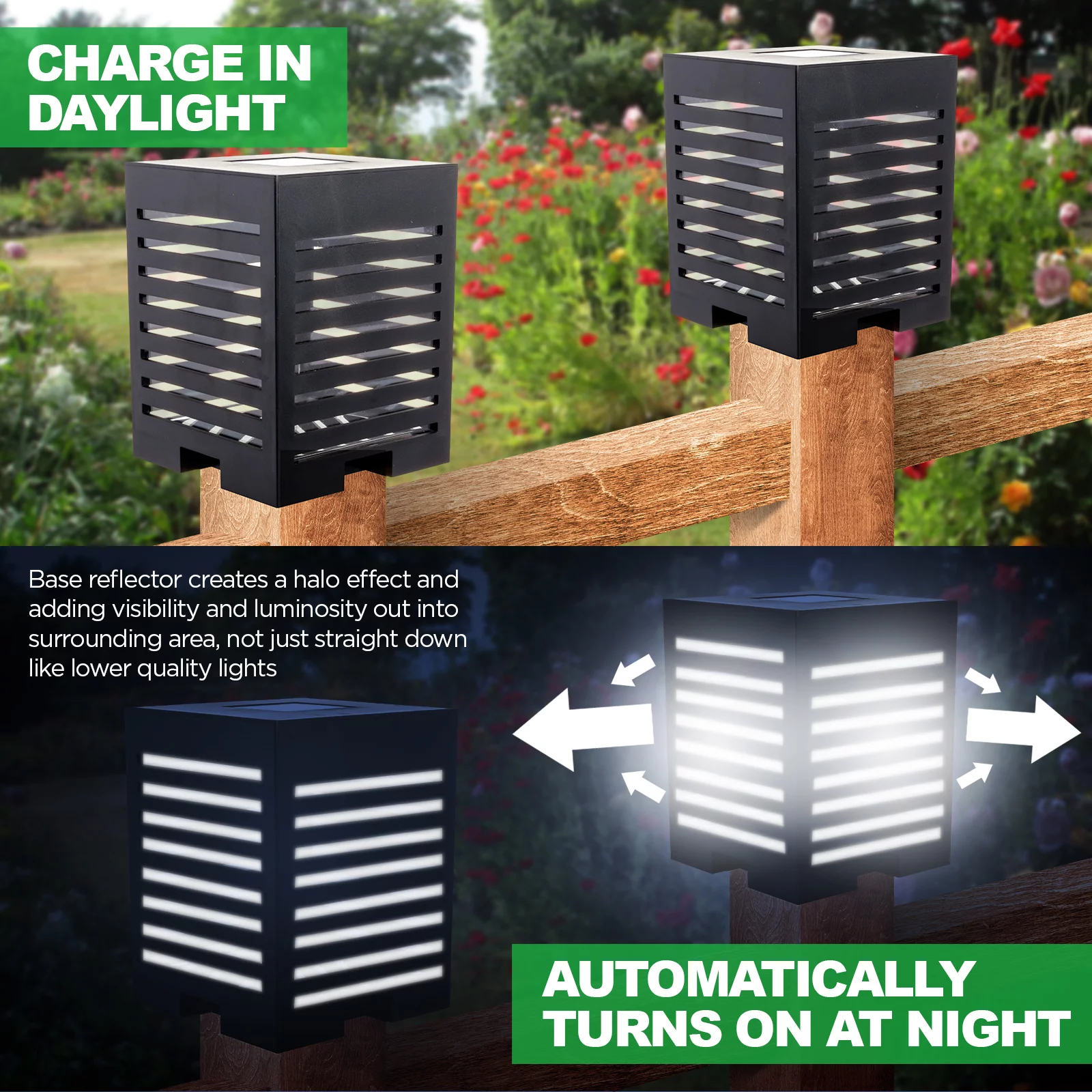 GreenLighting 12 Pack Modern Grooved Solar Powered LED Post Cap Light for 4x4 or 5x5 Posts (Black)