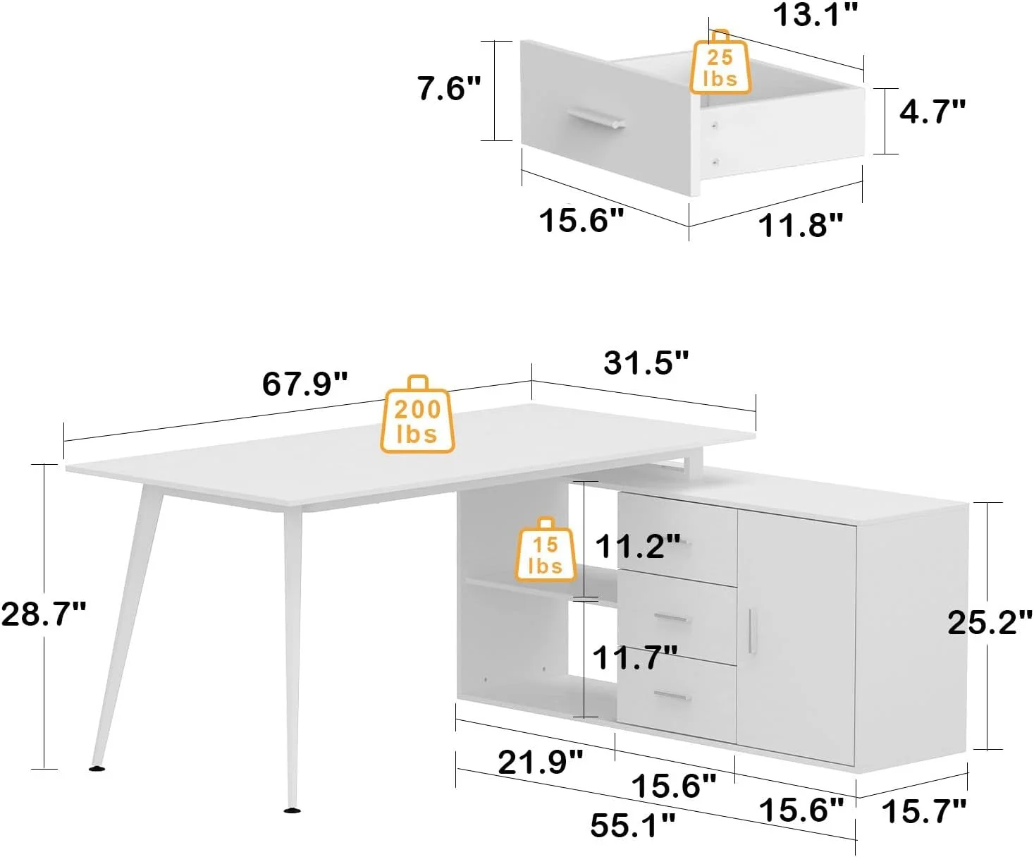 67.9” L-Shaped Desk Office Desk with Storage, Desk with 3 Drawers and Shelves, Corner Desk with Metal Legs, for Home Office White (67.9”W x 55.1”D x 28.7”H)