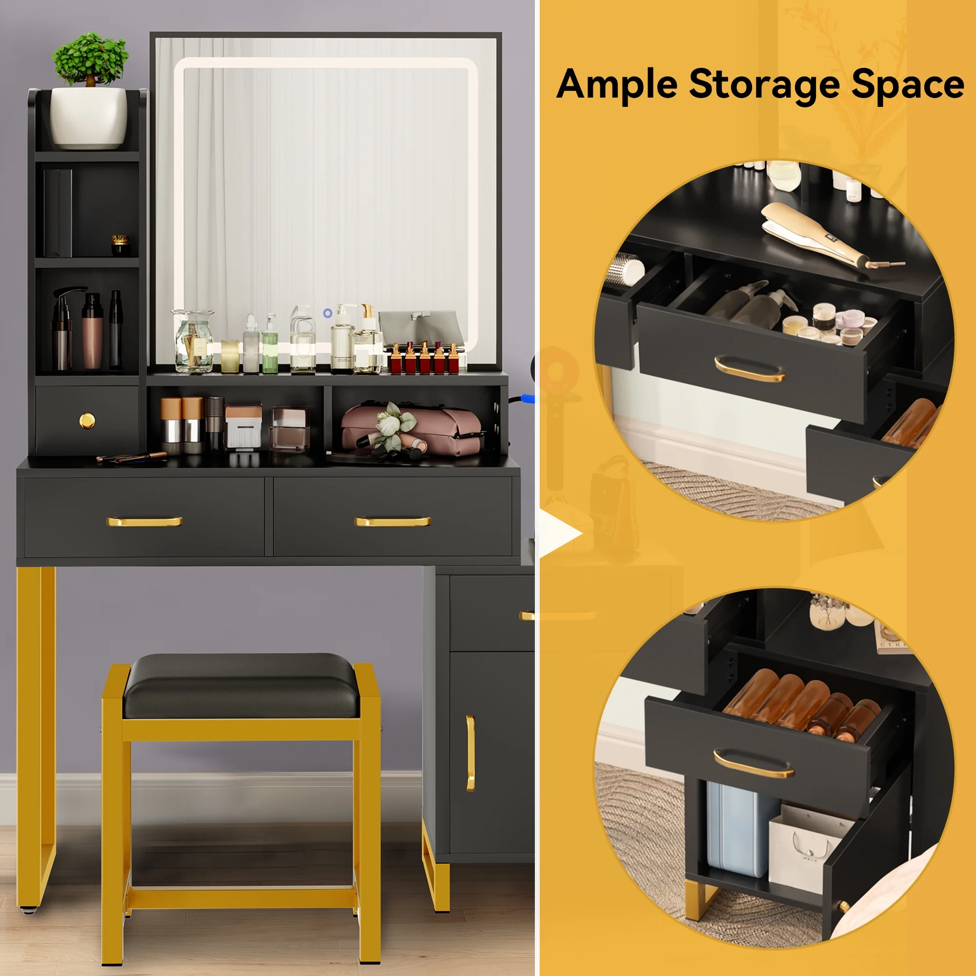 Dextrus Makeup Vanity with Mirror, Lights and Drawers, Vanity Table Set with Adjustable Lighting, Power Strip, Storage Shelves and 3 Lighting Color Options - Black