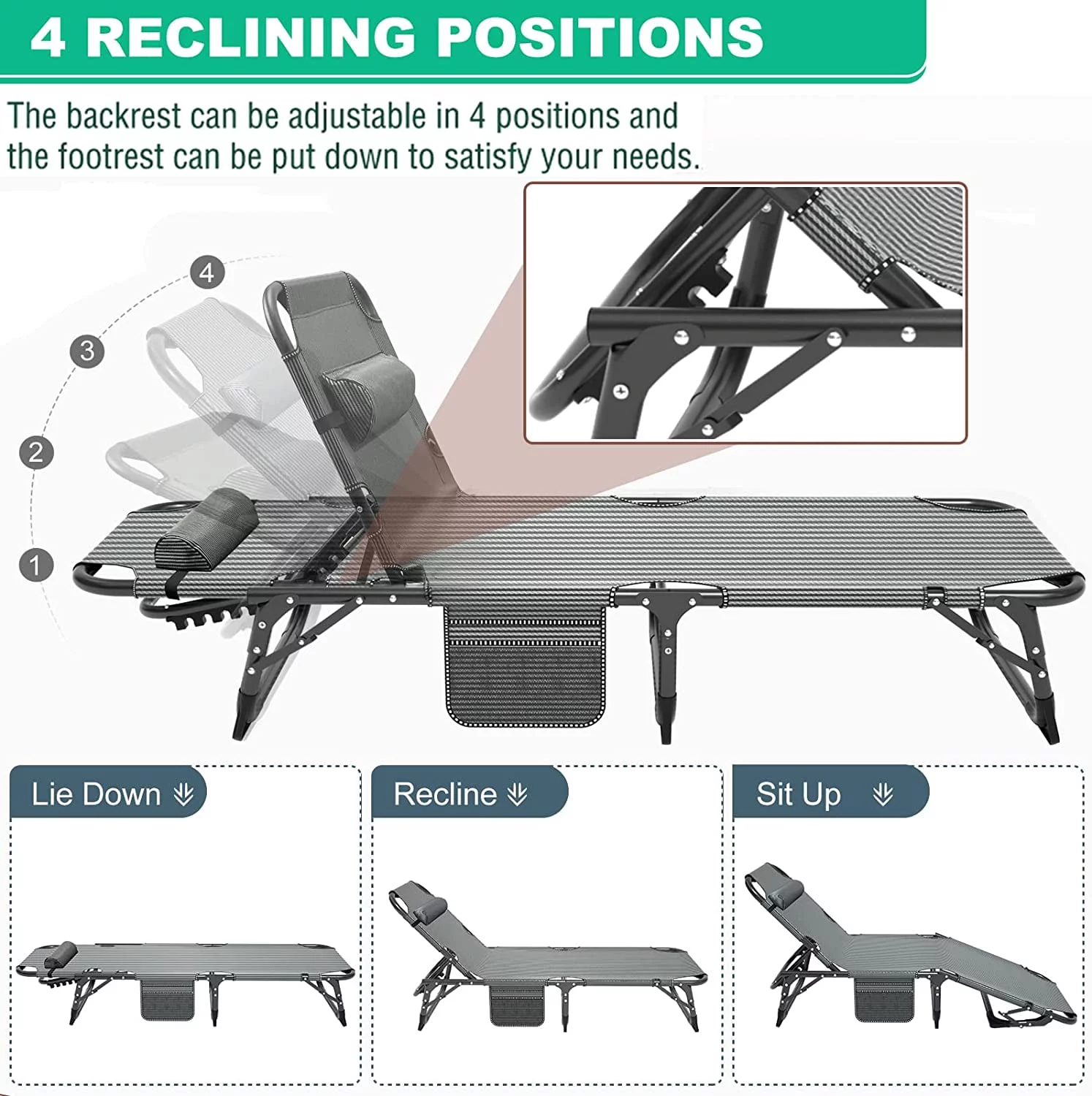 Slsy 4-Fold Folding Camping Cot with 2 Sided Mattress & Pillow, Adjustable 4-Position Folding Lounge Chair, Portable Sleeping Cots Bed