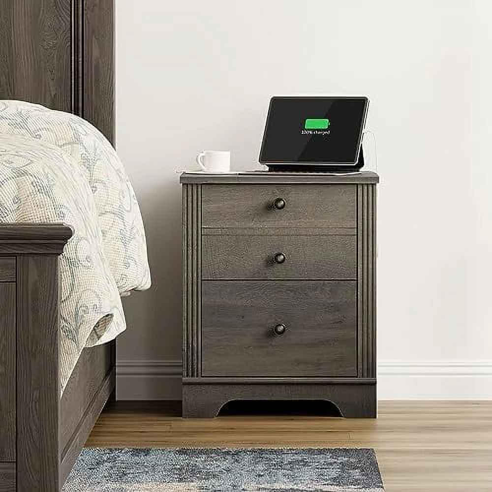 HOOMHIBIU Nightstand with Charging Station  18 Inch End Table with 2 Drawers  Modern Sofa Side Table with   Wood Bedside Tables with 2 Power Outlets & 2 USB Ports for Bedroom Living R