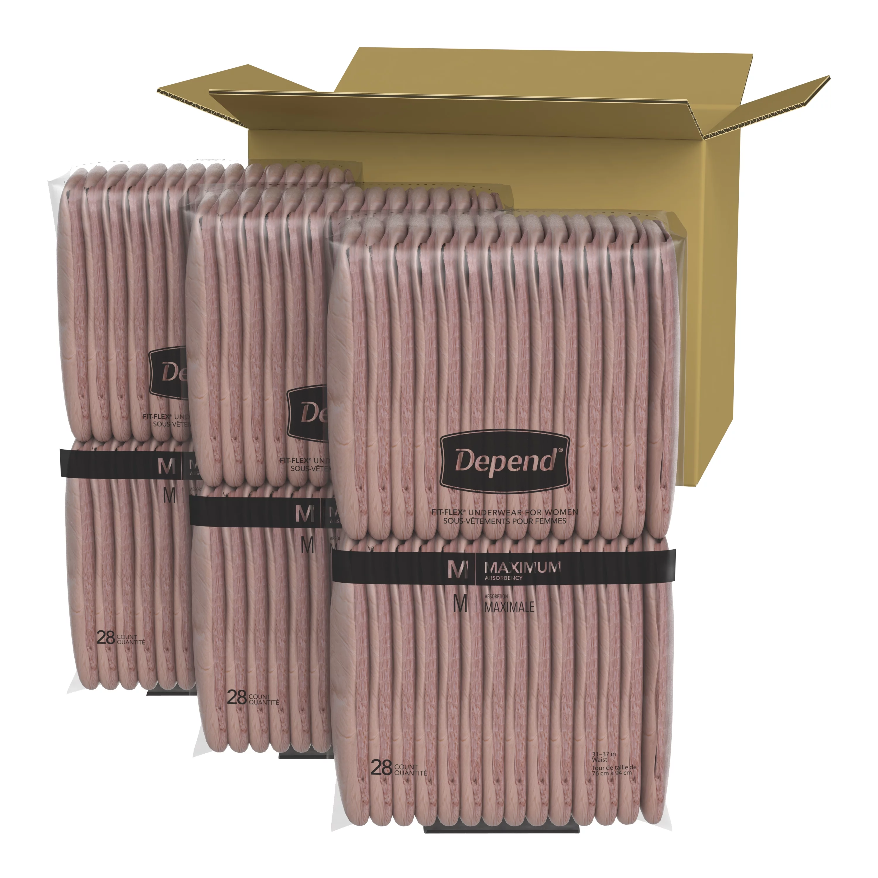 Depend FIT-FLEX Incontinence Underwear for Women, Maximum Absorbency, M, Blush, 84 Count