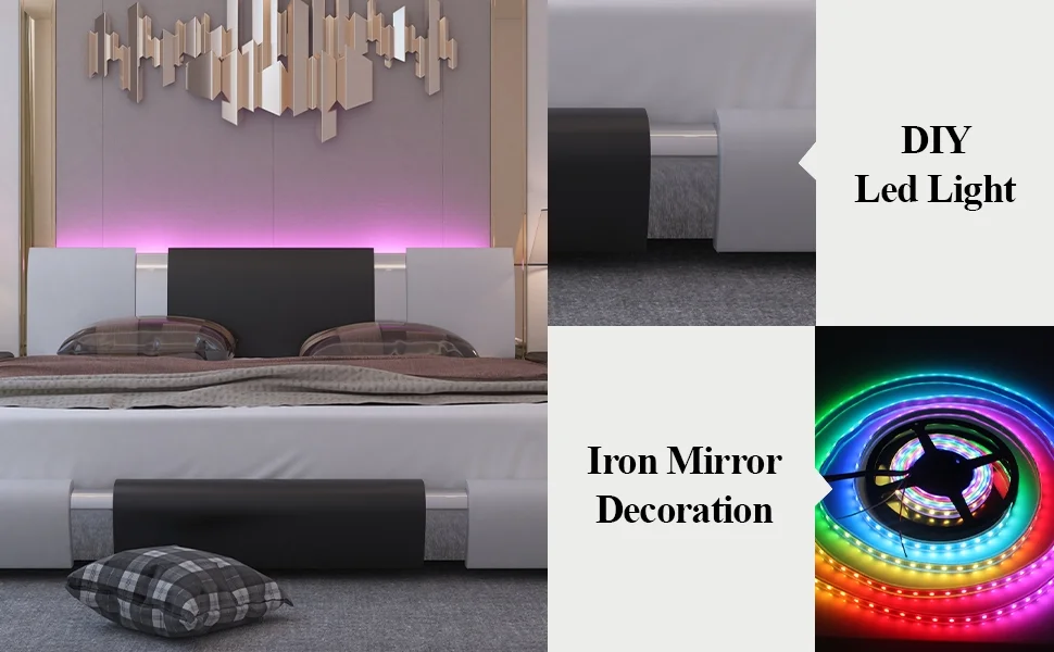 Kallabe King Size Modern Bed Frame with Led Light,Iron Pieces Decor and Faux Leather Headboard, Black & White