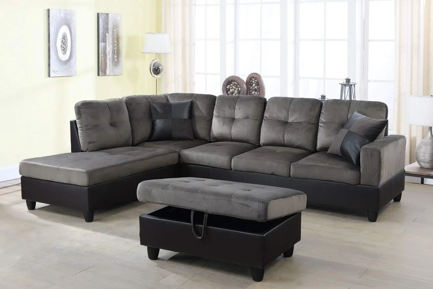 PonLiving 3 Piece Living Room Sectional Sofa Set w/ Right Facing Chaise, Storage Ottoman, Taupe