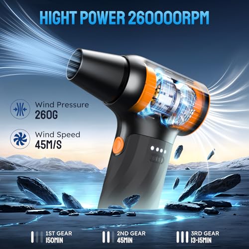 Compressed Air Duster, 260000RPM Cordless Electric Air Blower with Brushless Motor, 3-Speed Adjustable & Rechargeable – Powerful Dust Cleaner for Keyboard, Computer, Car, Outdoor, Air Bed