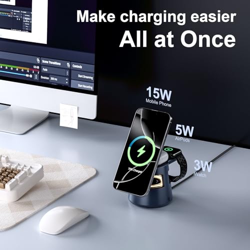 3 in 1 Charging Station,Magnetic Wireless Charger with Night Light & Speaker for Apple MagSafe Charger Stand,Foldable Nightstand Charging Station for iPhone,Airpods,Watch (20W Adapter)