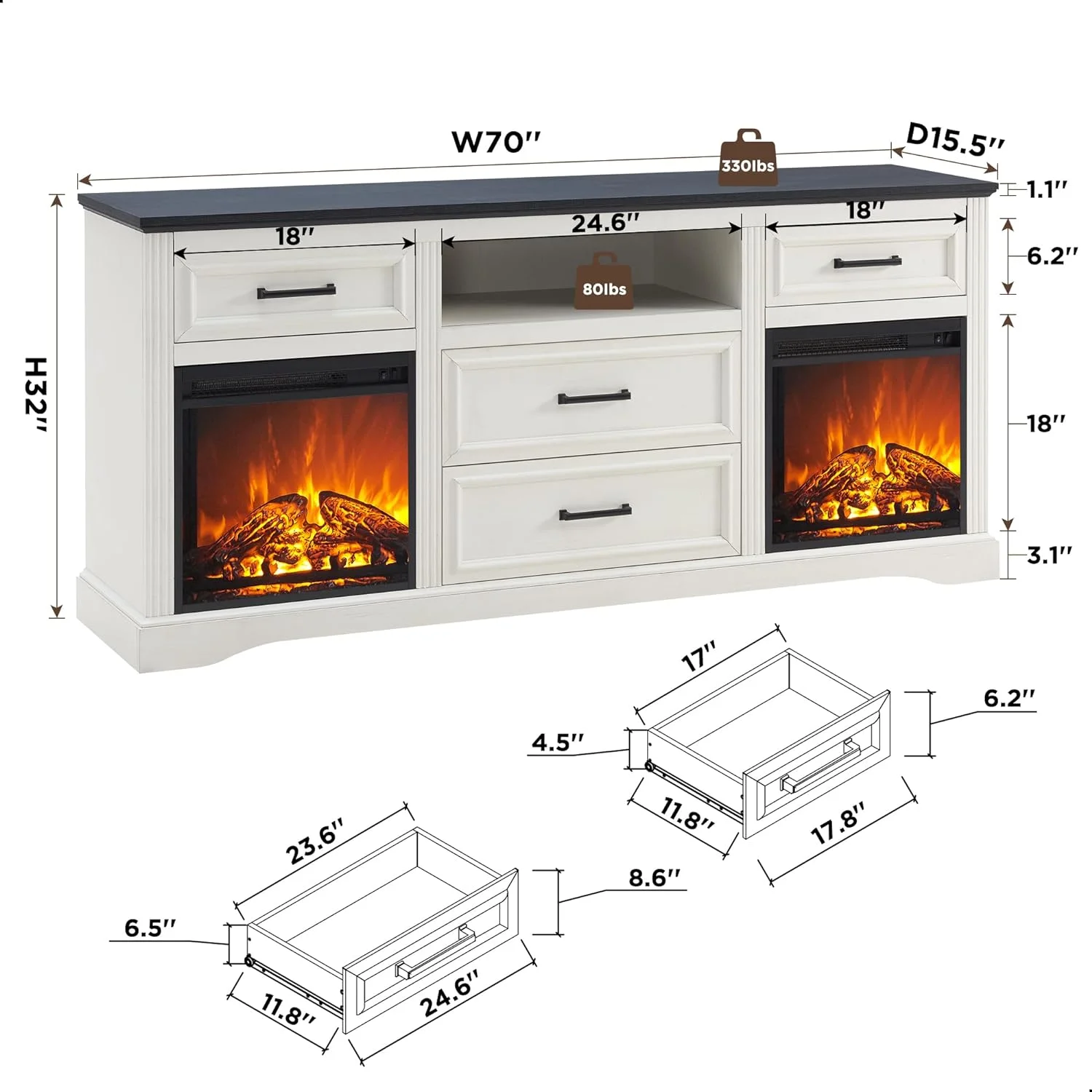 T4TREAM 70″ Fireplace TV Stand for TVs Up to 80″,  Farmhouse TV Console Entertainment Center with 4 Large Drawers for Living Room, Bedroom, White