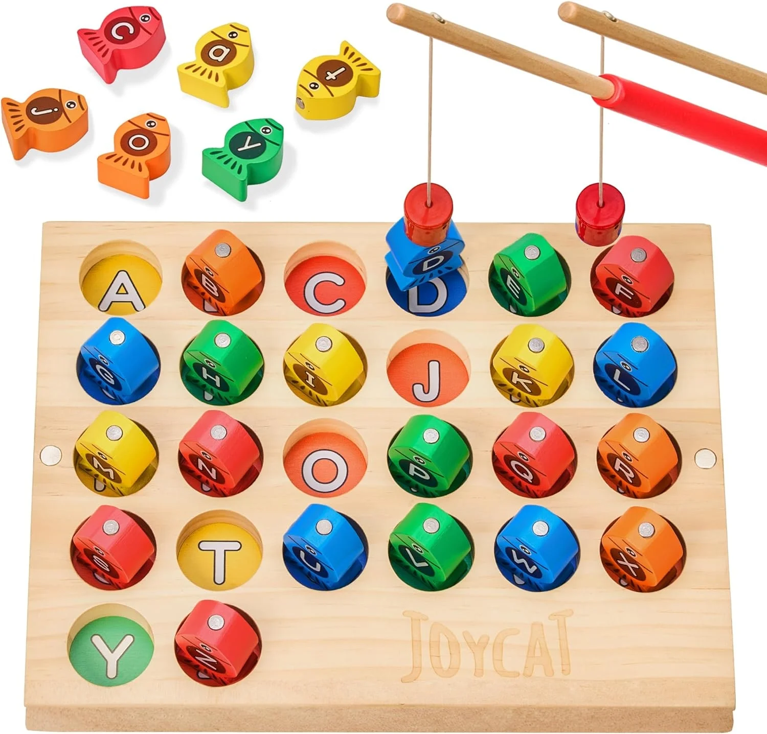 JoyCat Wooden Magnetic Fishing Game,ABC Alphabet Color Sorting Puzzle, Montessori Letters Cognition Phonic Games for Toddlers Kids Learning Toy Travel Educational Preschool Gift with 2 Poles