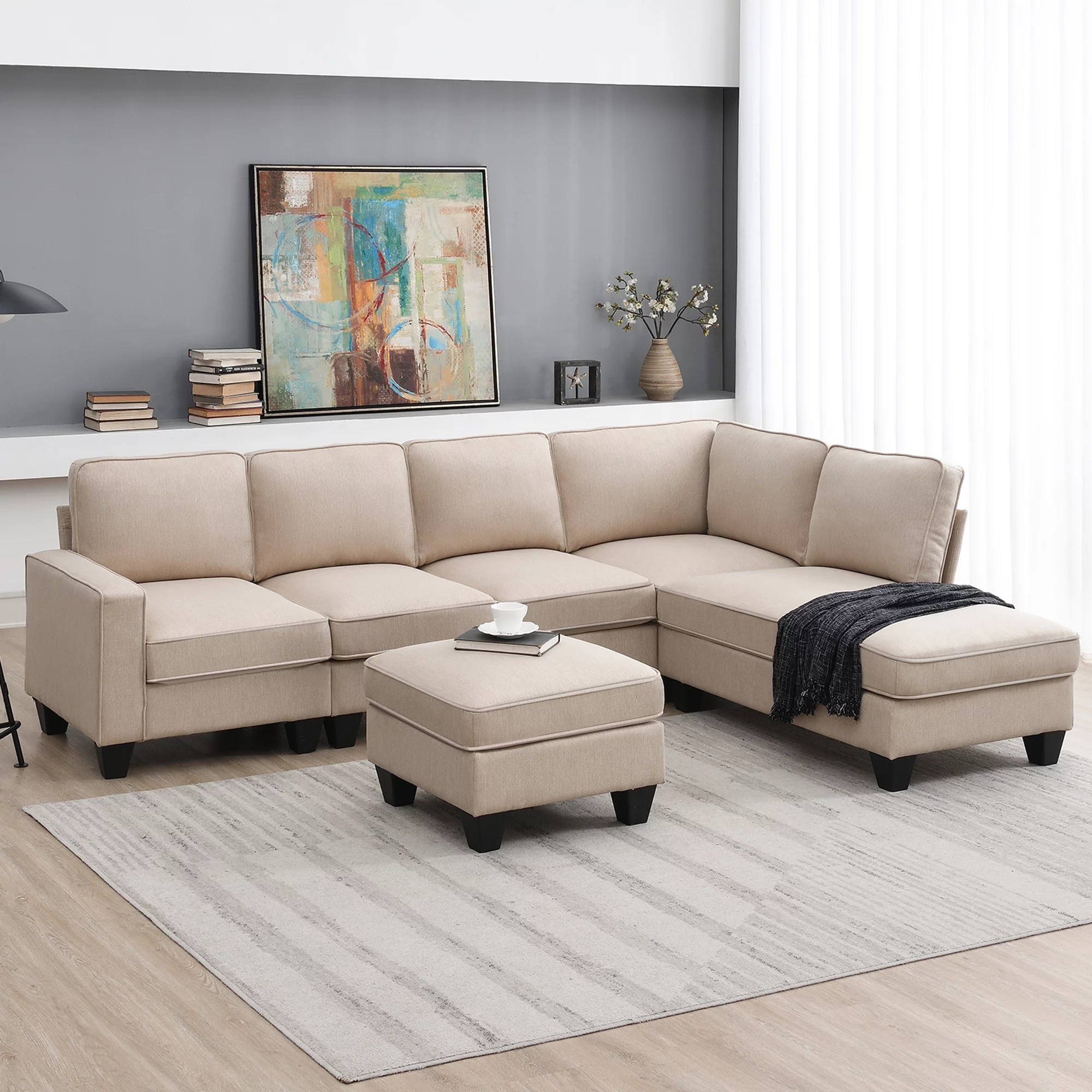 Modern L Shaped Sectional Sofa, 7 Seater Linen Modular Couch with Chaise Lounge and Convertible Ottoman for Living Room Office