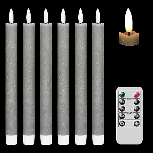 GenSwin Flameless Ivory Taper Candles Flickering with 10-Key Remote, Battery Operated Led Warm 3D Wick Light Window Candles Real Wax Pack of 6, Christmas Home Wedding Decor(0.78 X 9.64 Inch)