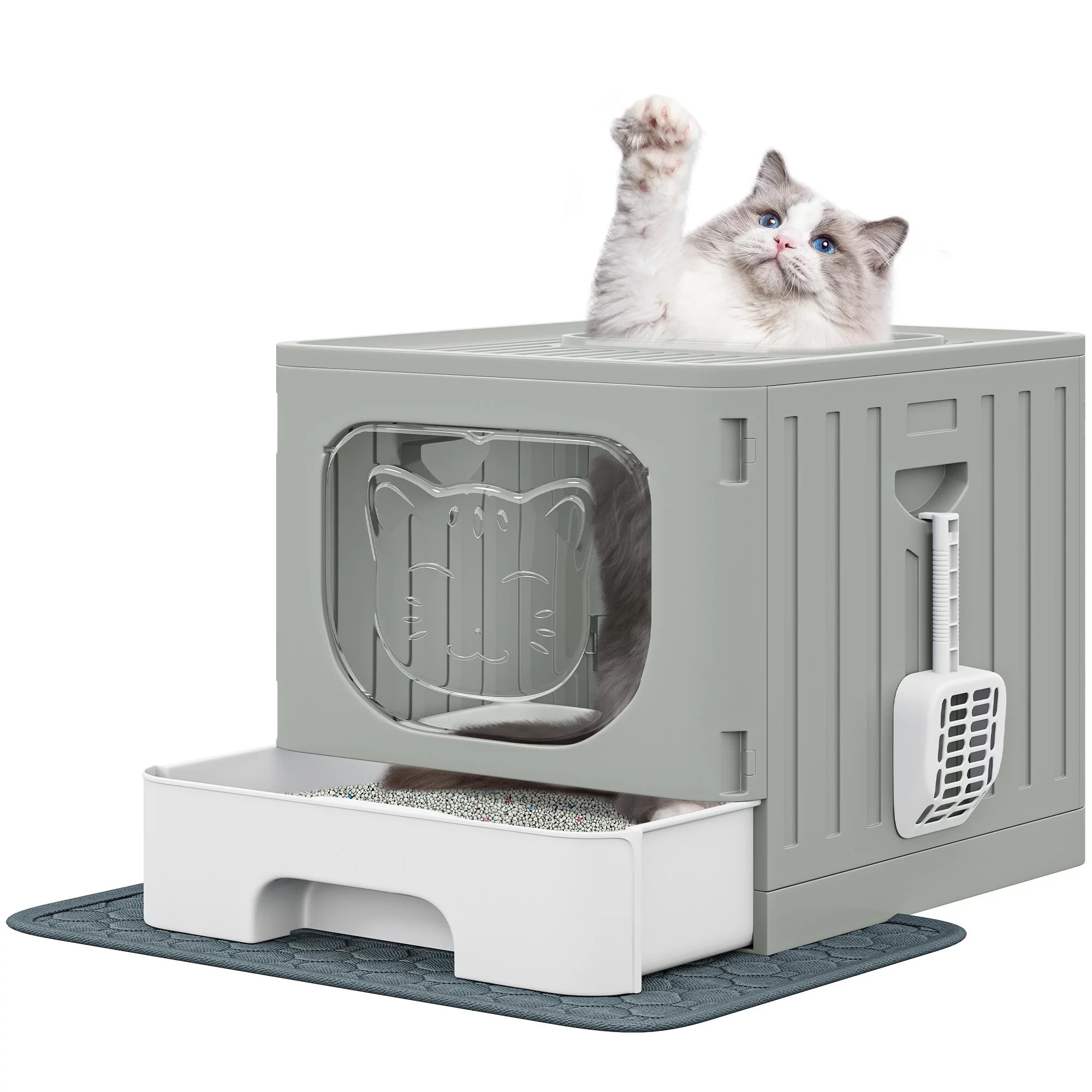Dextrus Large Enclosed Cat Litter Box with Cushion & Litter Scoop,Front Entry Top Exit Door,Cat Self-Grooming Deodorizer Filter, and Easy Cleaning Tray ( Gray)