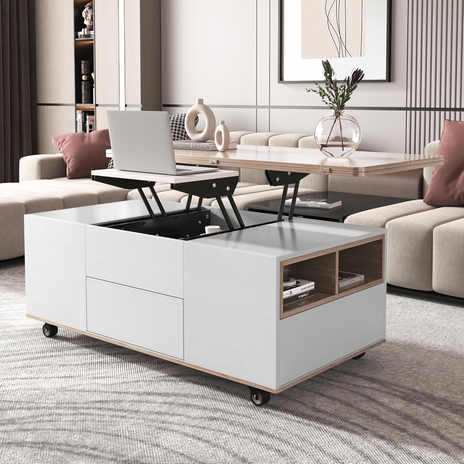 Merax Lift Top Coffee Tables for Living Room,with Storage Shelf Fixable Wheels Hidden Compartment Extendable Desktop 3 Drawers, Walnut/White