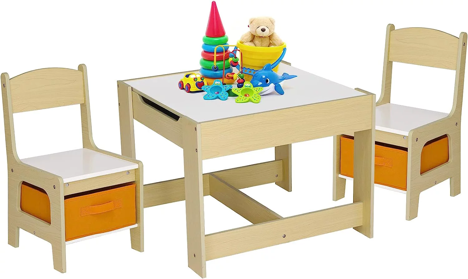 Arlopu Wooden Kids Table and 2 Chairs Set, 3-Piece Children Activity Play Table Set with Storage