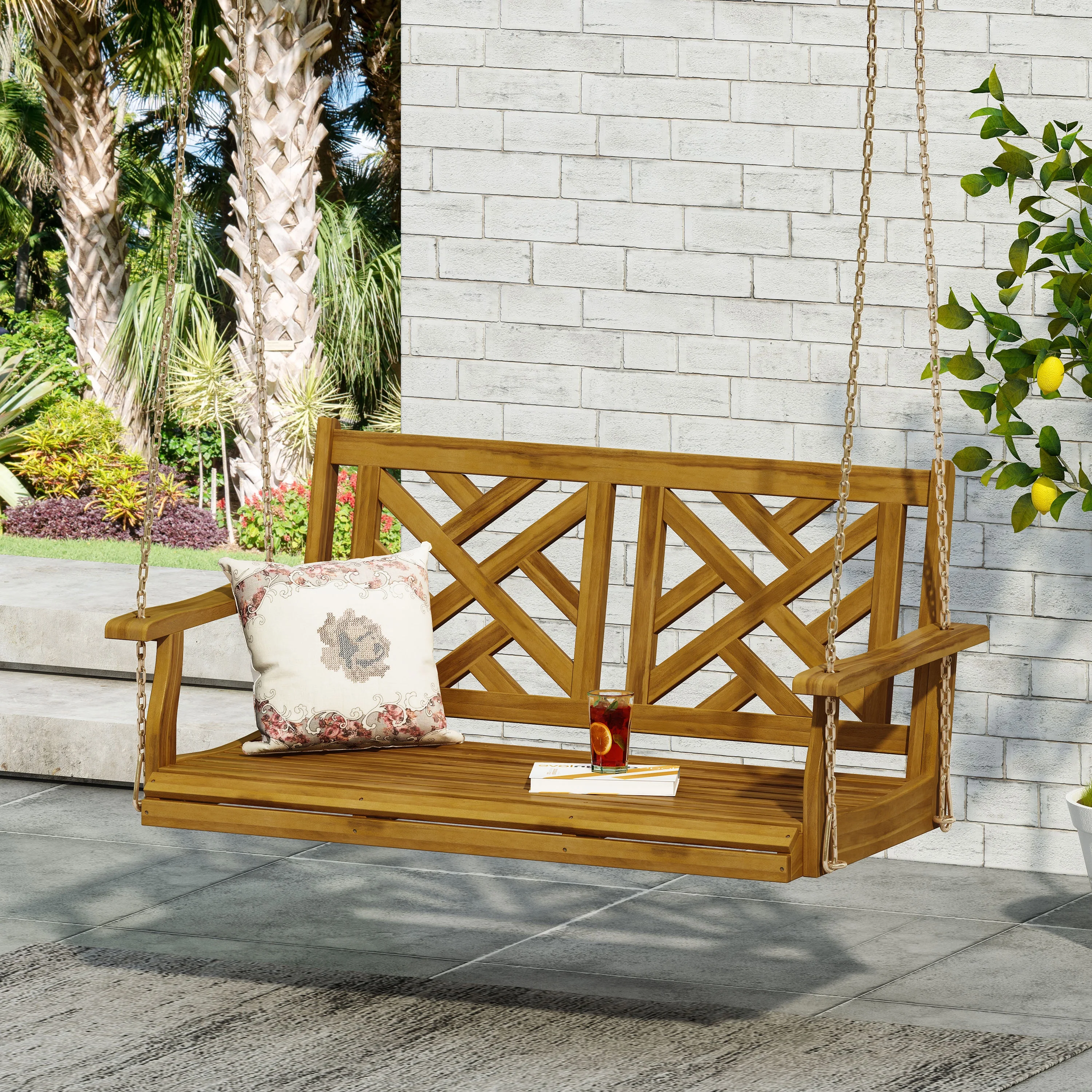 Kessler Acacia Wood Outdoor Hanging Porch Swing, Teak