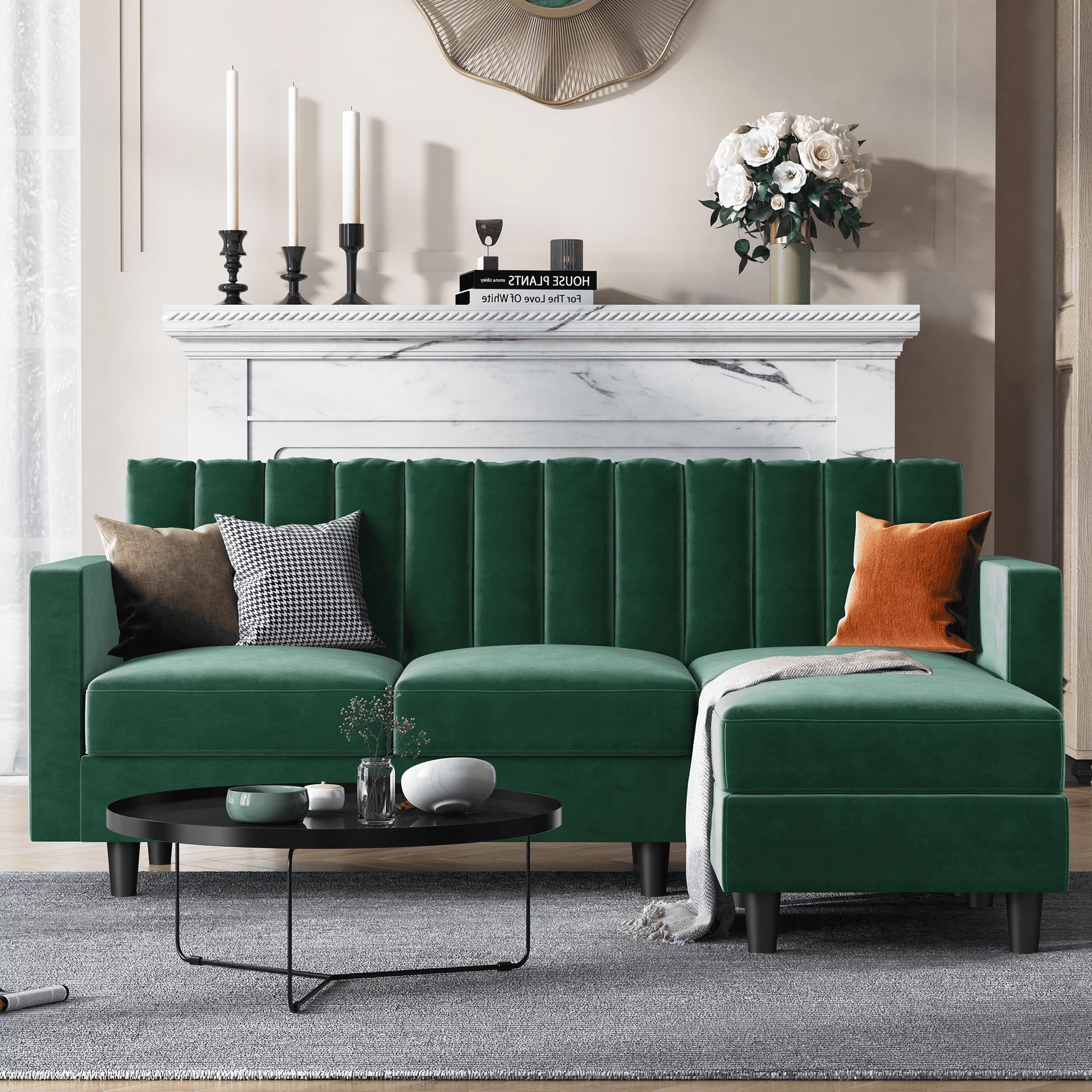 HONBAY Mid-Century Velvet Sectional Sofa Couch with Double Chaise with Ottoman, Green