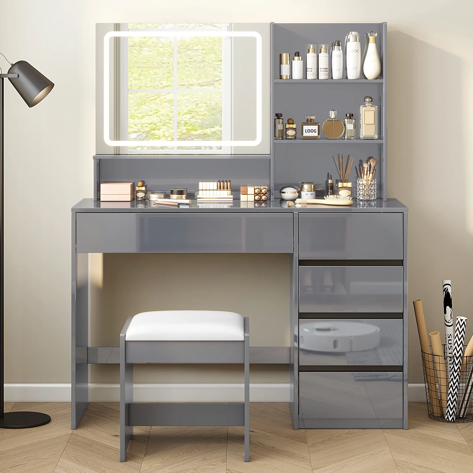 LUXOAK Vanity Desk with Mirror, Highgloss Large Makeup Vanity Desk with 3 Level Storage Shelves & 4 Drawers, 3 Lighting Modes Adjustable Brightness, Gray