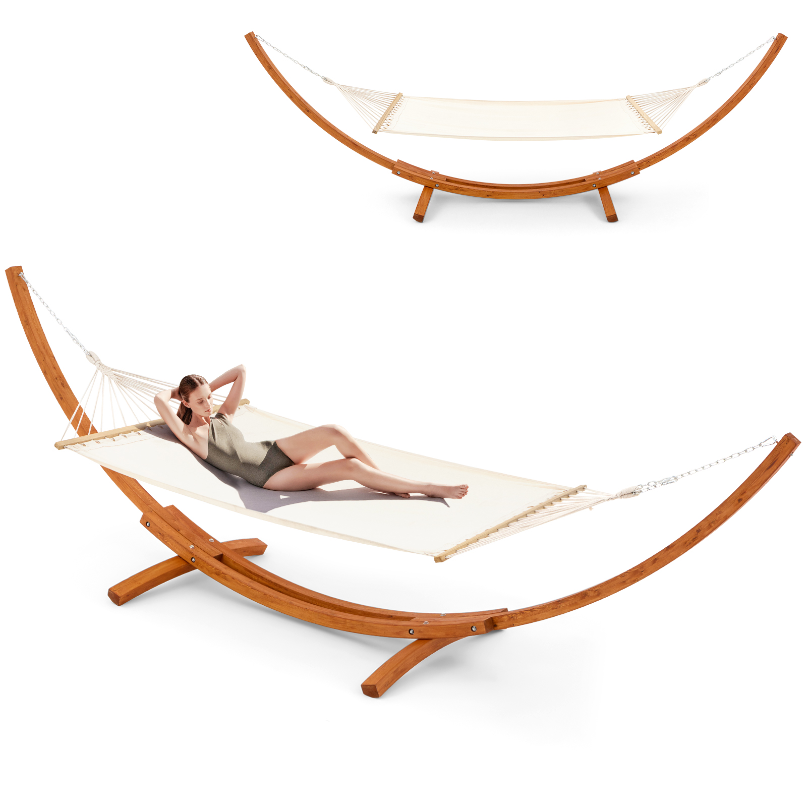 AVAWING 14FT Wooden Double Hammock with Stand 2 Person Heavy Duty, Easy Assemble, Weatherproof Premium Quilted Camping Hammock for Outdoor, Patio(White)