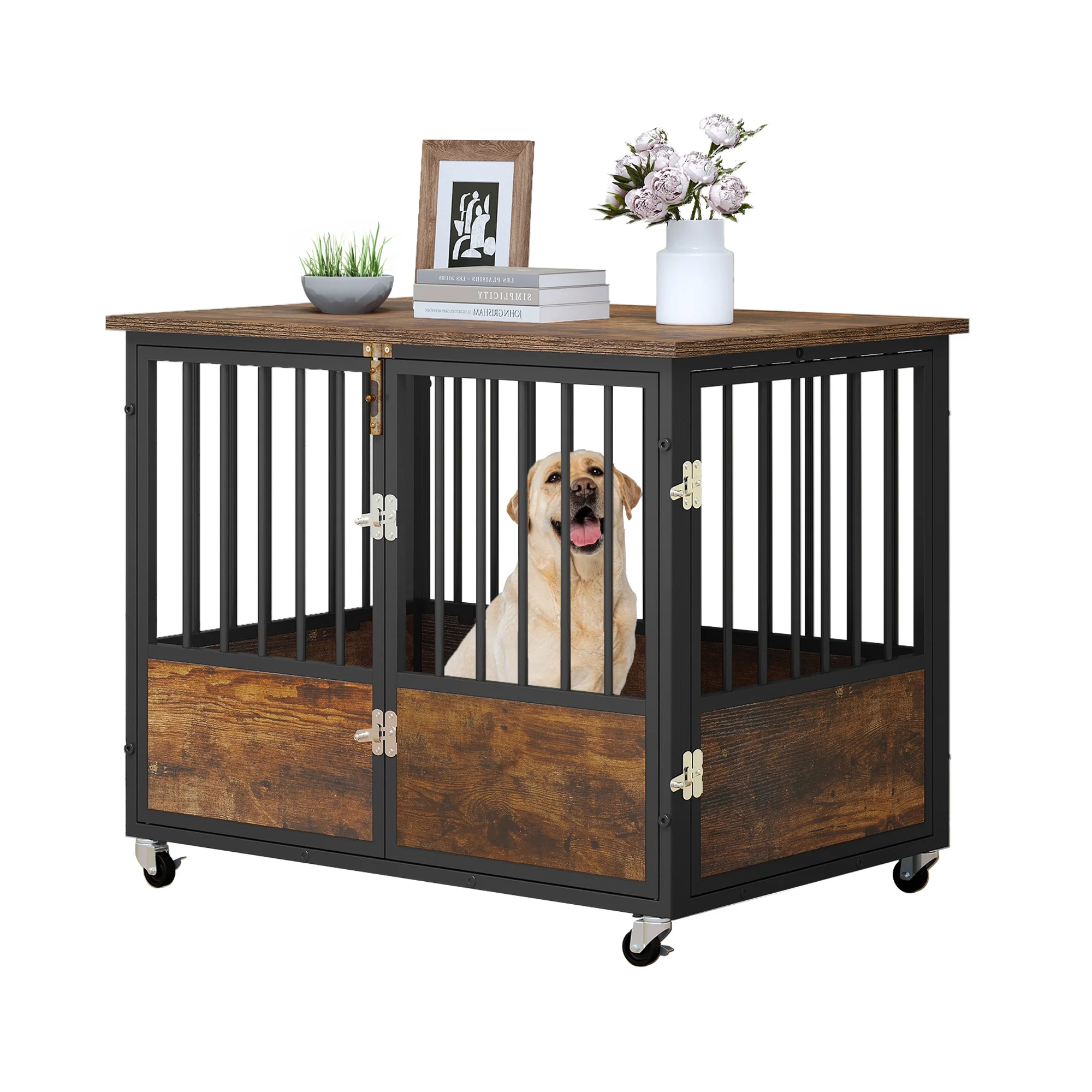 Dextrus Large Dog Crate Furniture with Wheels, 38in Rustic Heavy Duty Metal Dog Crate and Kennel for Small Medium Dogs