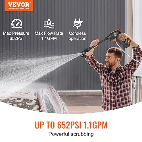 VEVOR Cordless Pressure Washer, 580-PSI 1.1 GPM Portable Power Cleaner, Handheld High-Pressure Car Washer Gun with 4.0Ah Battery, Charger, 6-in-1 Nozzle, for Home/Floor Cleaning & Watering