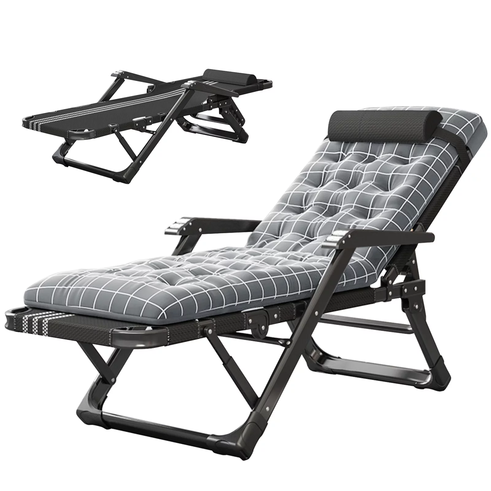 Lilypelle Folding Lounge Chair for Adults, Adjustable 4-fold Reclining Folding Chaise with Pillow, Outdoor Portable Sleeping Cots,440lbs Portable Camping Cot,Gray