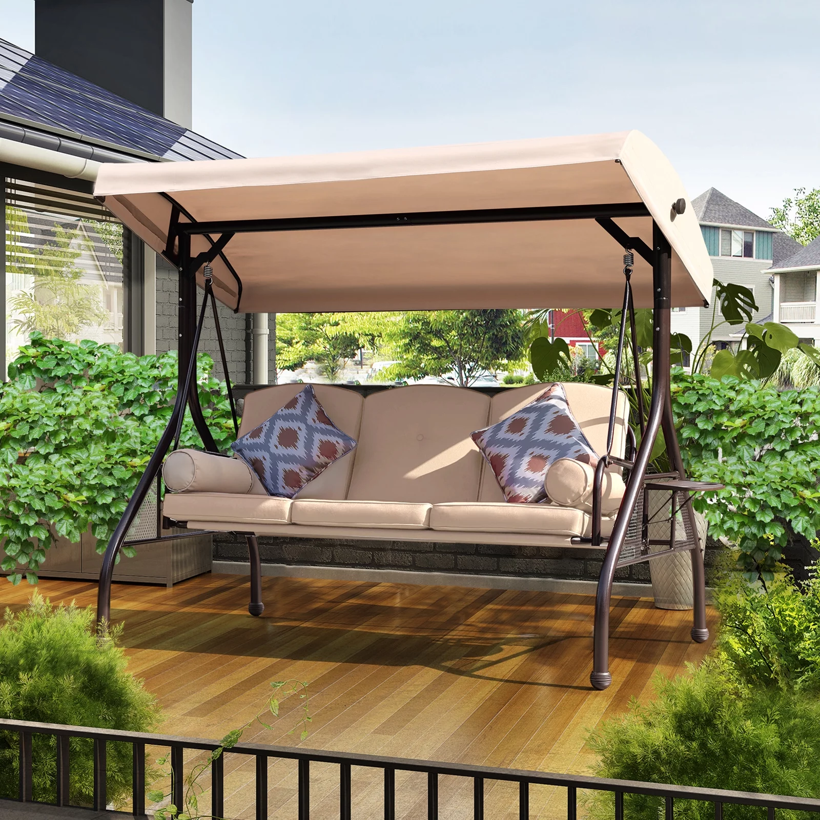 NOBLEMOOD 3-Seat Patio Porch Swing with Adjustable Canopy, Thickened Cushion & Foldable Tray, Khahi