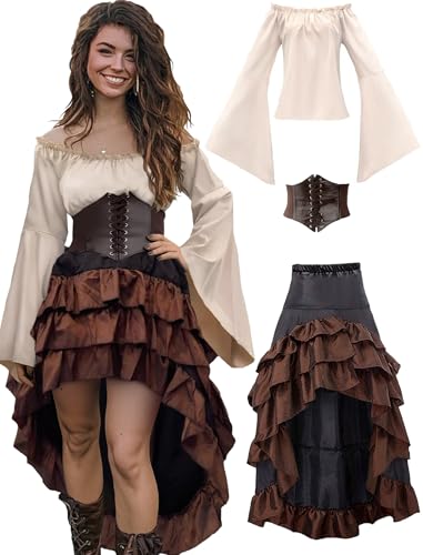 Verceco Pirate Costume Women Outfit with Renaissance Pirate Shirt Skirt Corset Waist Belt Womens Halloween Pirate Costumes (Beige+Brown, L)