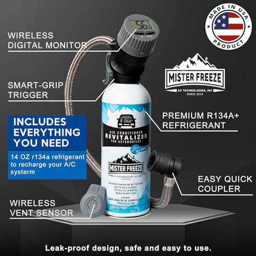 Mr. Freeze Synthetic R134a Refrigerant Freon, Car AC Recharge Kit with Wireless Digital Temperature Sensor, Self-Sealing AC Refrigerant Leak Stop Kit for Car Air Conditioner, 14 Oz