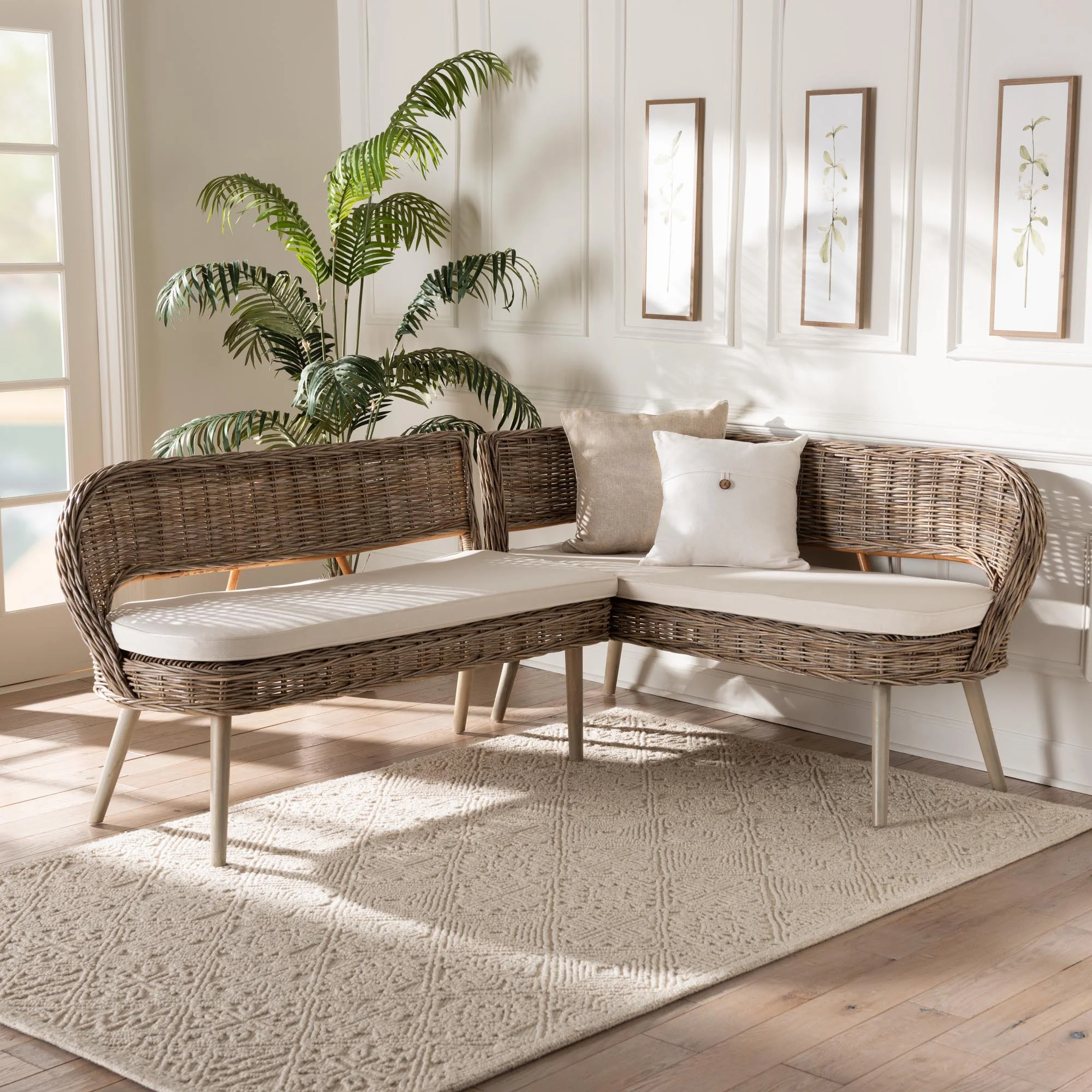 bali & pari Raisa Rattan BOHO Dining Nook Banquette Set, Greywashed