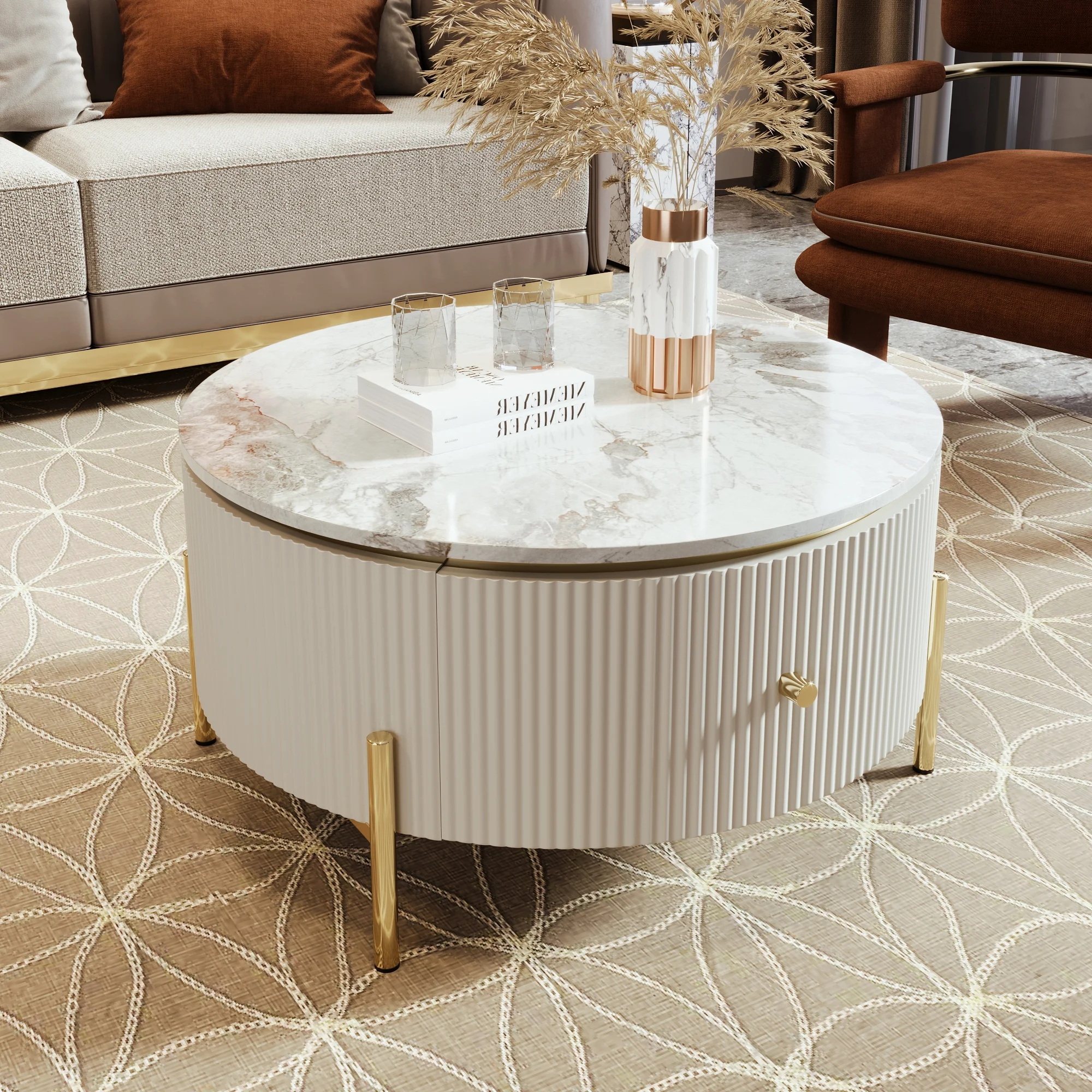 CoSoTower Modern Round Coffee Table with 2 Large Drawers Storage Accent Table(31.5'')