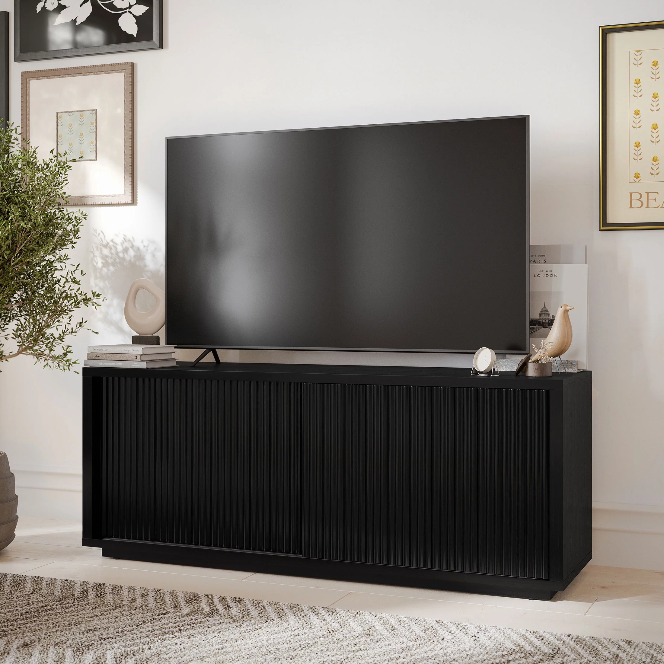 Beautiful Fluted TV Stand for TV’s up to 70” by Drew Barrymore, Rich Black Finish