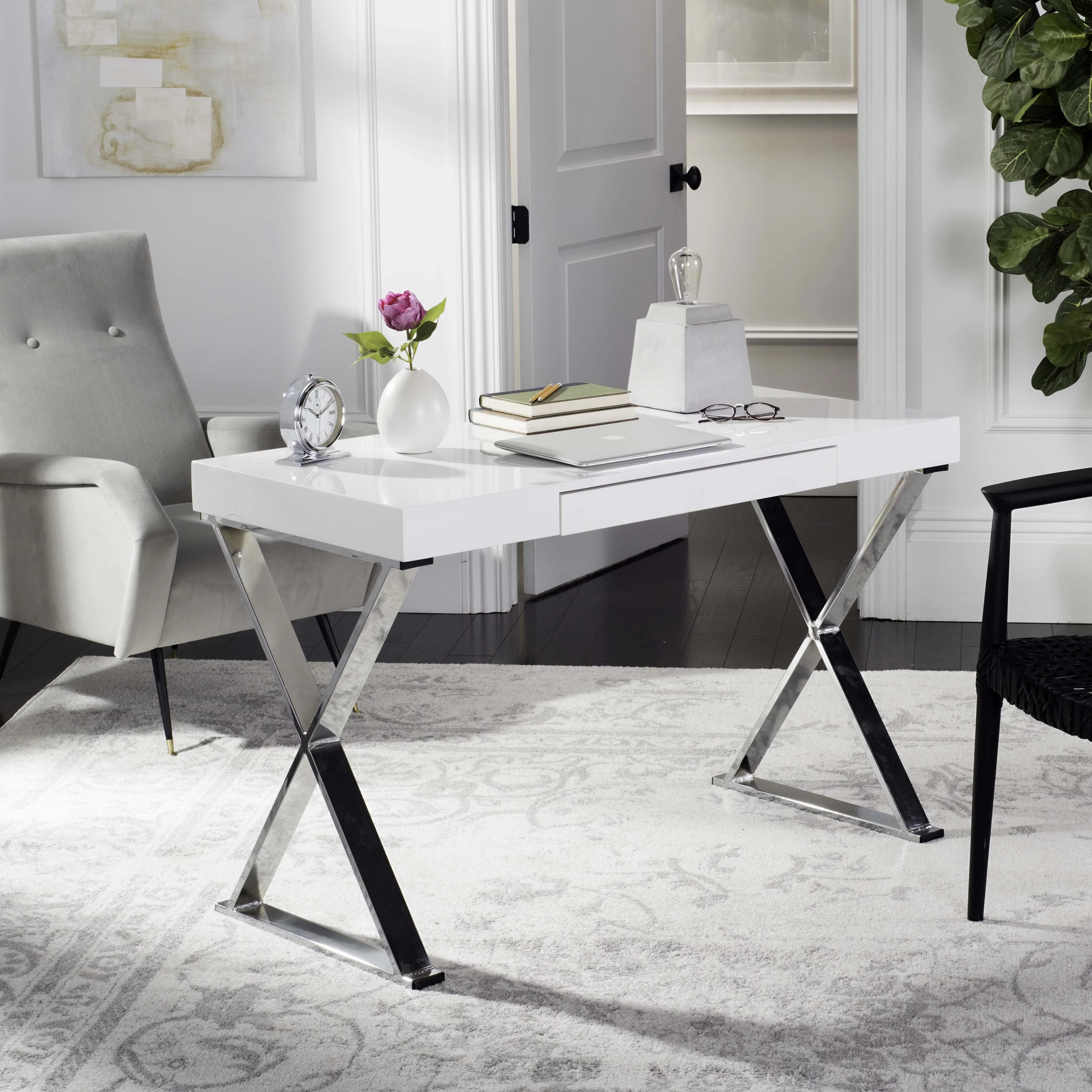 SAFAVIEH Paley Modern Glam Lacquer/ Chrome Desk w/ Pull-Out Drawer, White